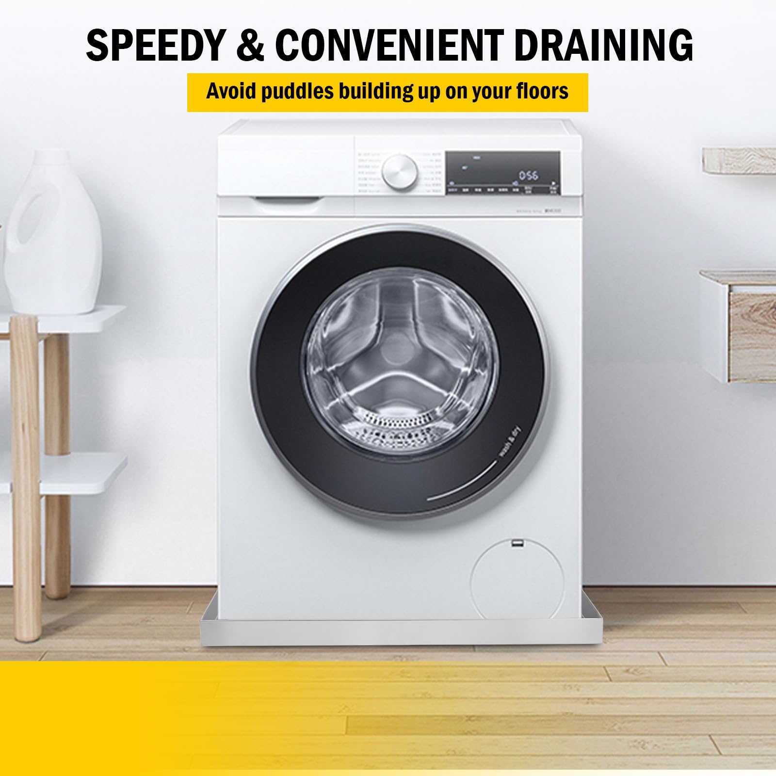 Vassoio raccogligocce per lavatrice Garvee 24 x 24 pollici - Acciaio inossidabile 304, foro di scarico, adattatore per tubo flessibile, piedini antivibrazione, compatto e robusto