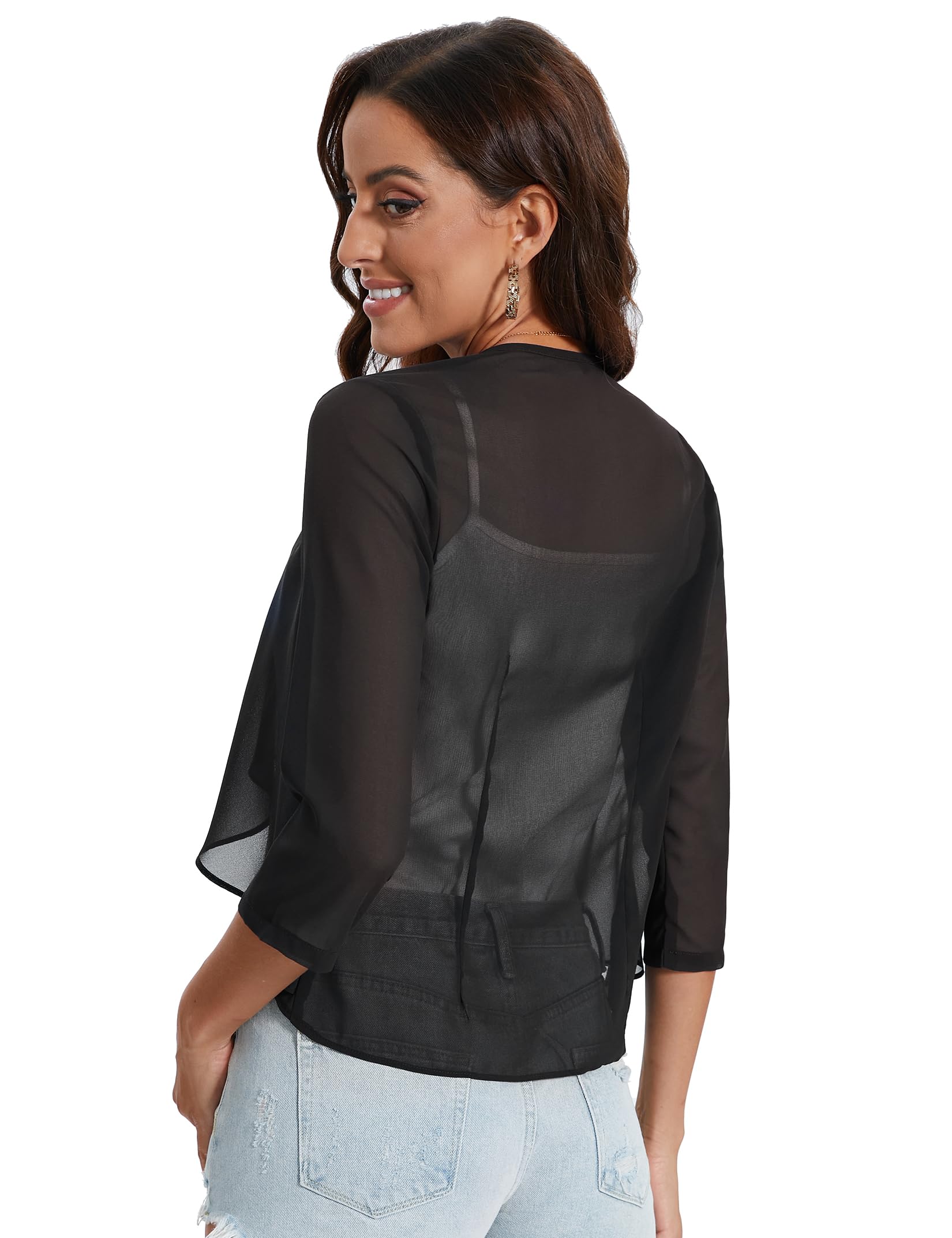 Garvee Bolero estivo da donna in chiffon festivo con maniche a 3/4, cardigan corto ed elegante, leggero, con spalle sottili, giacca bolero, top nero XL