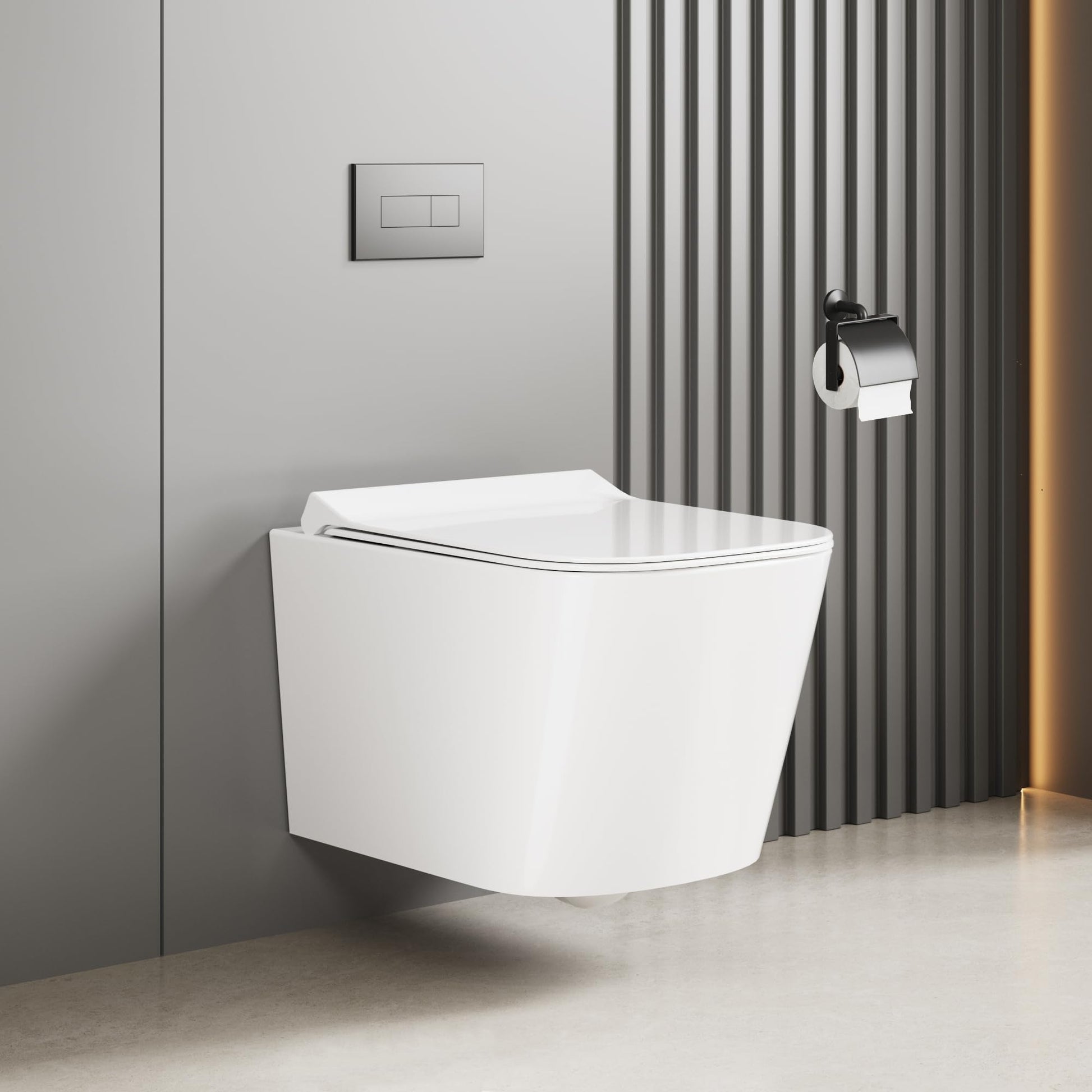 Sedile WC sospeso in ceramica GARVEE, a forma di U, 51 cm, bianco, con meccanismo di chiusura ammortizzata, per bagni moderni