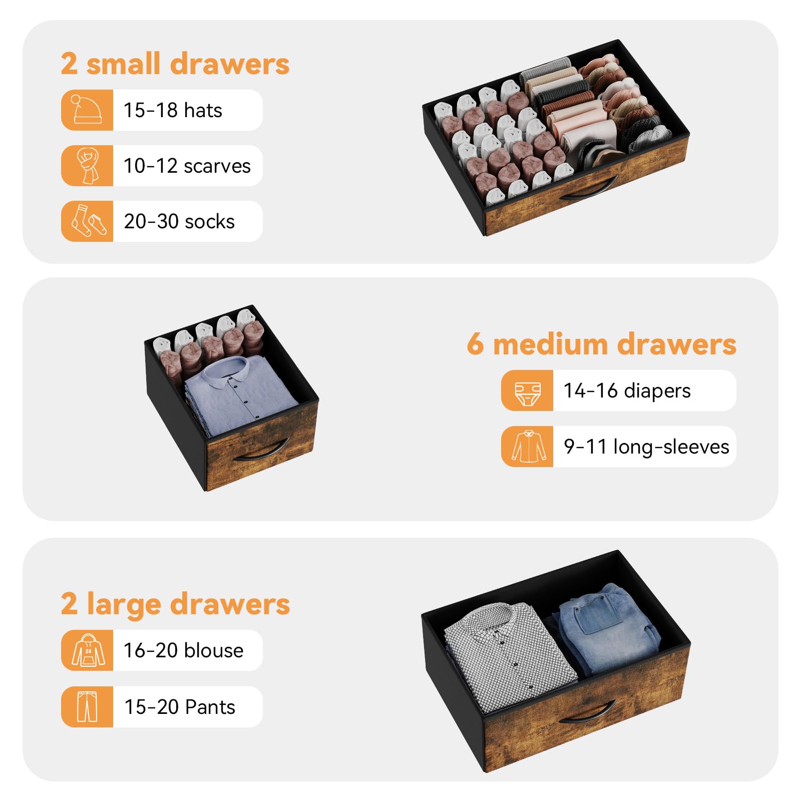 Cassettiera Garvee con 10 cassetti in tessuto e 3 prese per soggiorno e corridoio 121x39x70,7 cm Robusta struttura in metallo Piano in legno