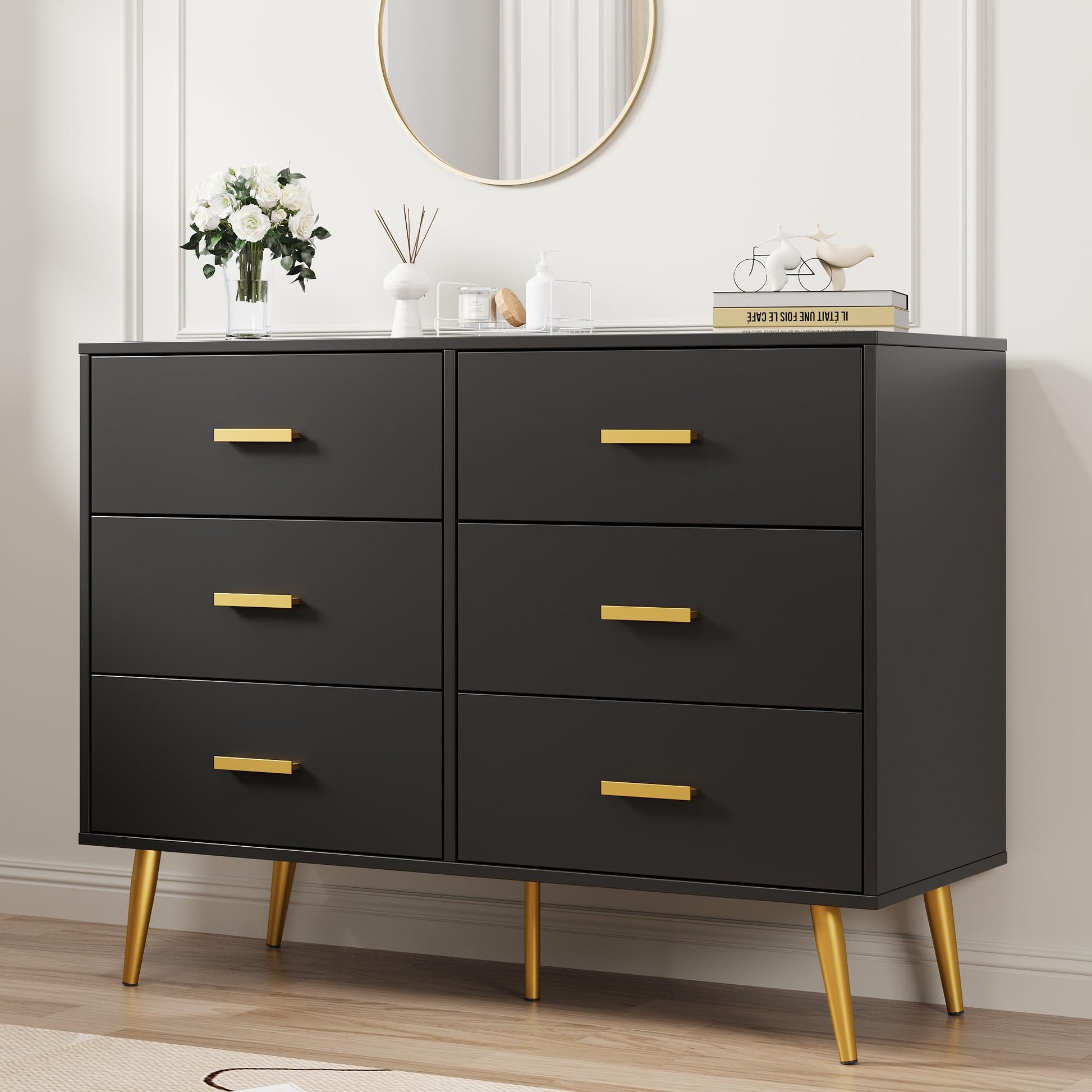 Cassettiera moderna Garvee a 6 cassetti con contenitore, in legno MDF, maniglie dorate per camera da letto e soggiorno, nera, versatile