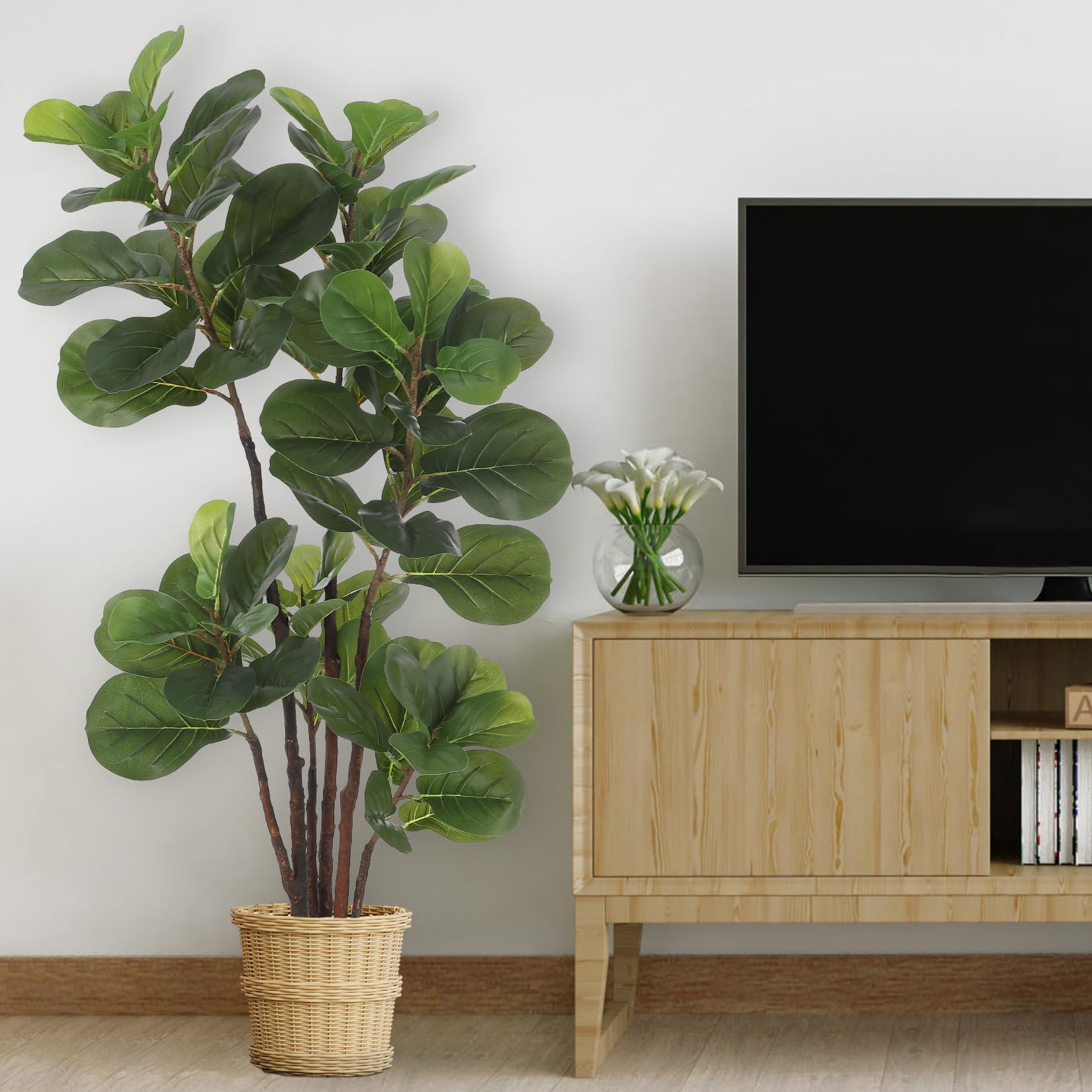 Albero artificiale Garvee Ficus Lyrata da 4 piedi con 72 foglie e robusto vaso in cemento per casa e ufficio, facile da pulire, verde scuro