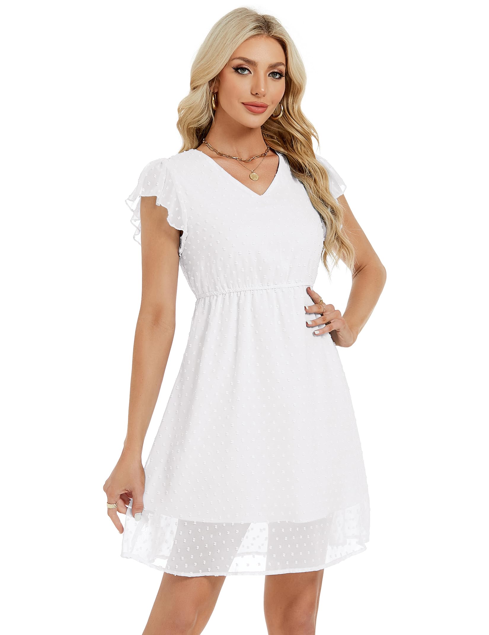 Garvee Abito estivo da donna con maniche a balze, scollo a V, casual, stile swing, elastico in vita, lunghezza al ginocchio, abito da spiaggia, bianco, taglia S