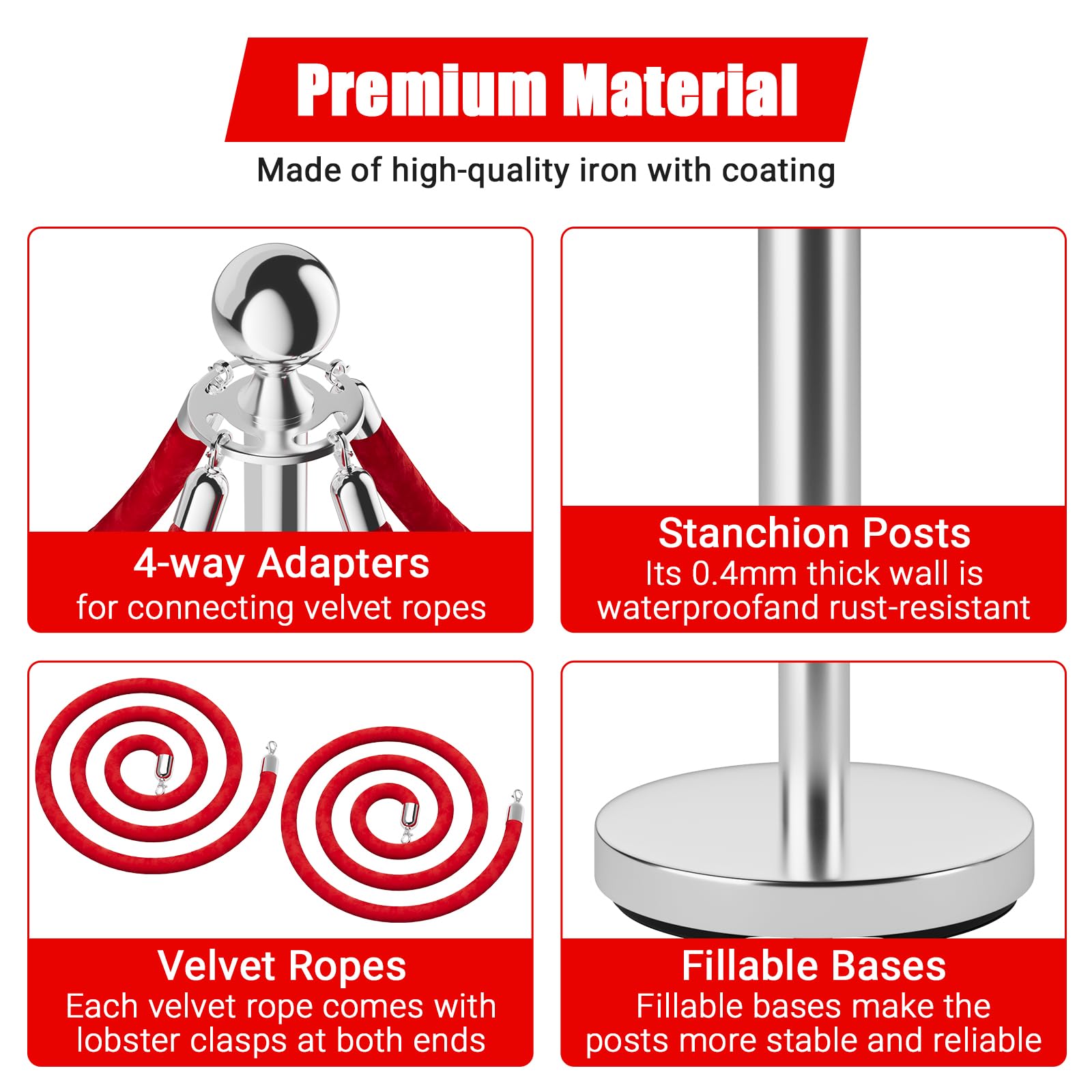 Pali in acciaio Garvee da 5 piedi con corde di velluto: elegante barriera per eventi, feste e funzioni