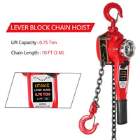 Paranco a catena con leva Garvee da 0,75 tonnellate e 1650 libbre con catena in acciaio, ganci robusti per officina e magazzino, sollevamento di 10 piedi