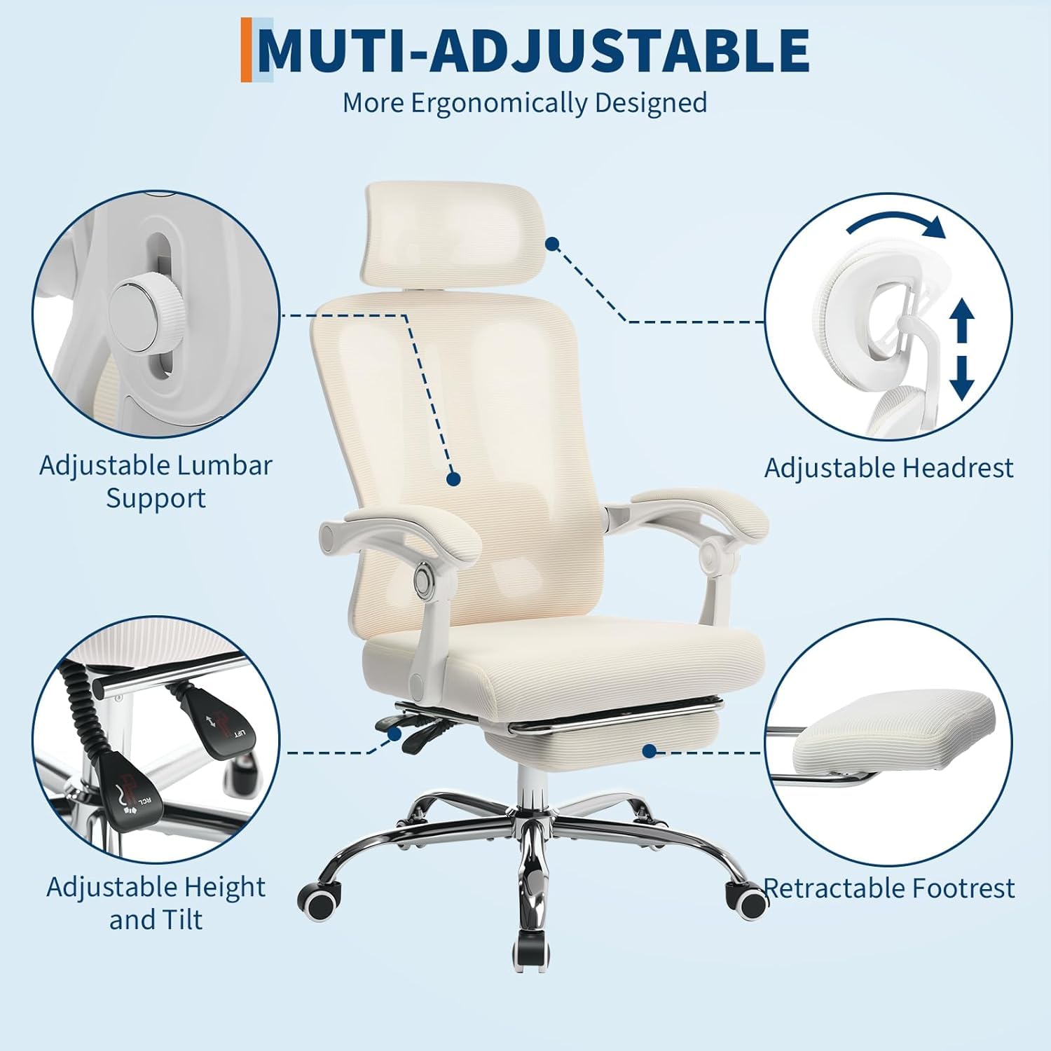 Sedia da ufficio ergonomica Garvee con poggiatesta regolabile, supporto lombare, poggiapiedi estensibile per ufficio domestico, beige, altezza regolabile, rete traspirante