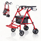 Garvee Andador Pieghevole 4 Ruote con Sedile e Freno Doppio, Altezza Regolabile 80,5-91 cm, Rosso, per Passeggiate e Spese - Rosso