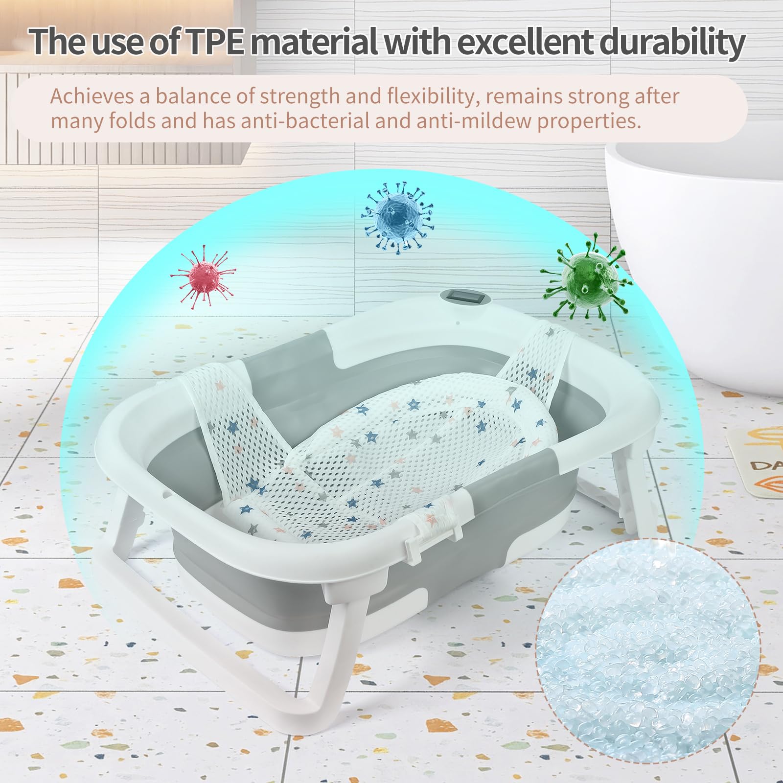 GARVEE Vasca da bagno per neonati, pieghevole e salvaspazio, con termometro e tappetino antiscivolo per neonati e bambini piccoli, grigio