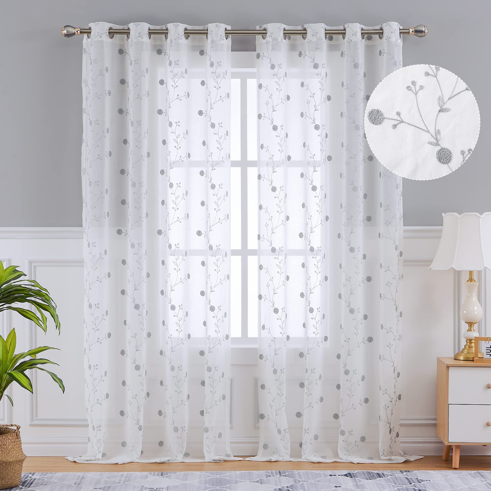 Garvee Klassische Transparente Vorhangpaneele Mit Geometrischem Muster Für Wohnzimmer Und Schlafzimmer, 132x228 cm, Grau