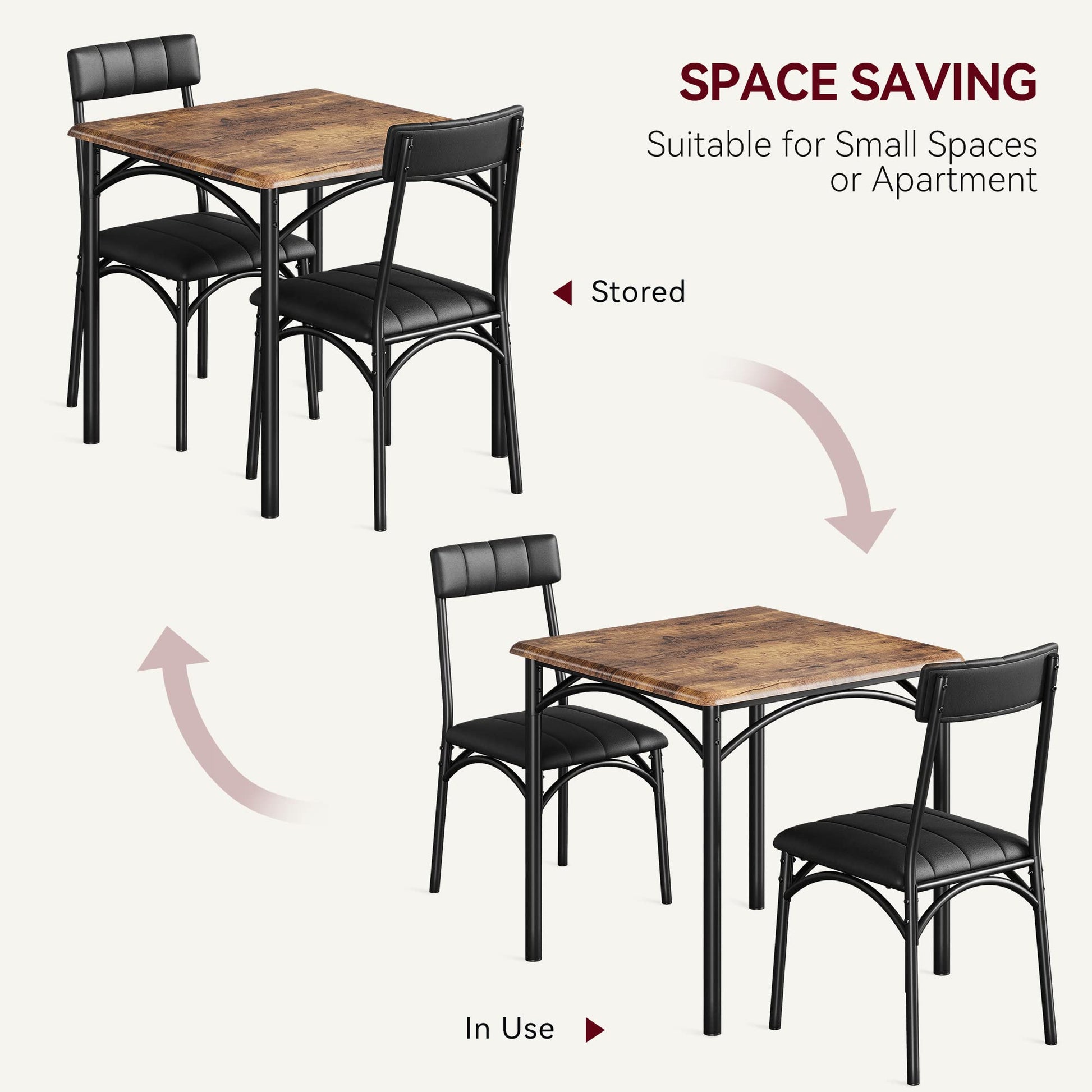 Set da pranzo Garvee per 2 persone, tavolo da cucina quadrato marrone rustico con sedie imbottite, robusto MDF e acciaio, salvaspazio