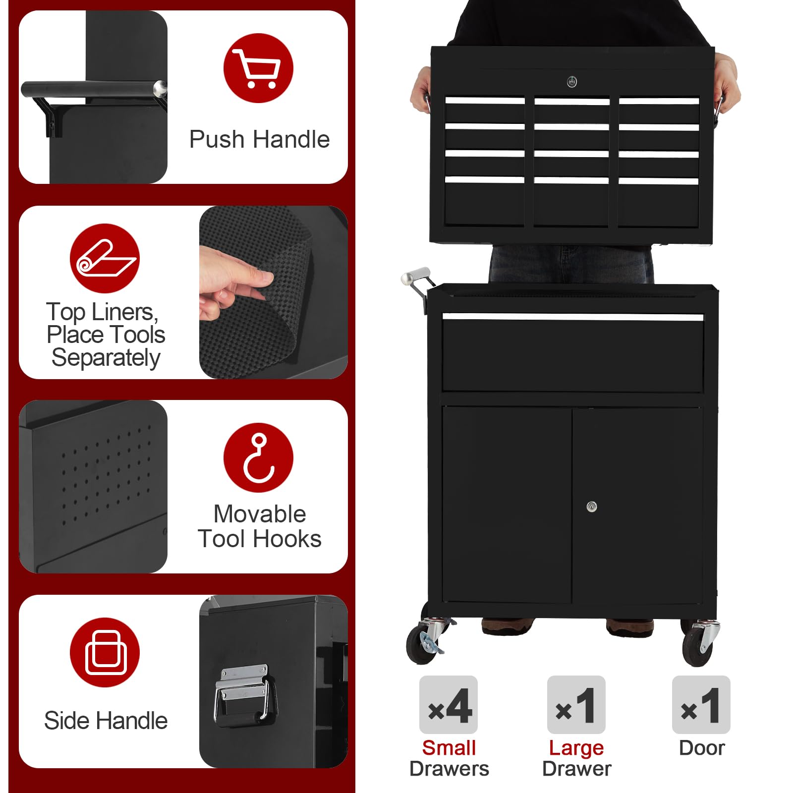 Carrello portautensili Garvee 5 cassetti in metallo con ruote 2 in 1 staccabile per ufficio e garage 21.85"P x 12.4"L x 26.57"A