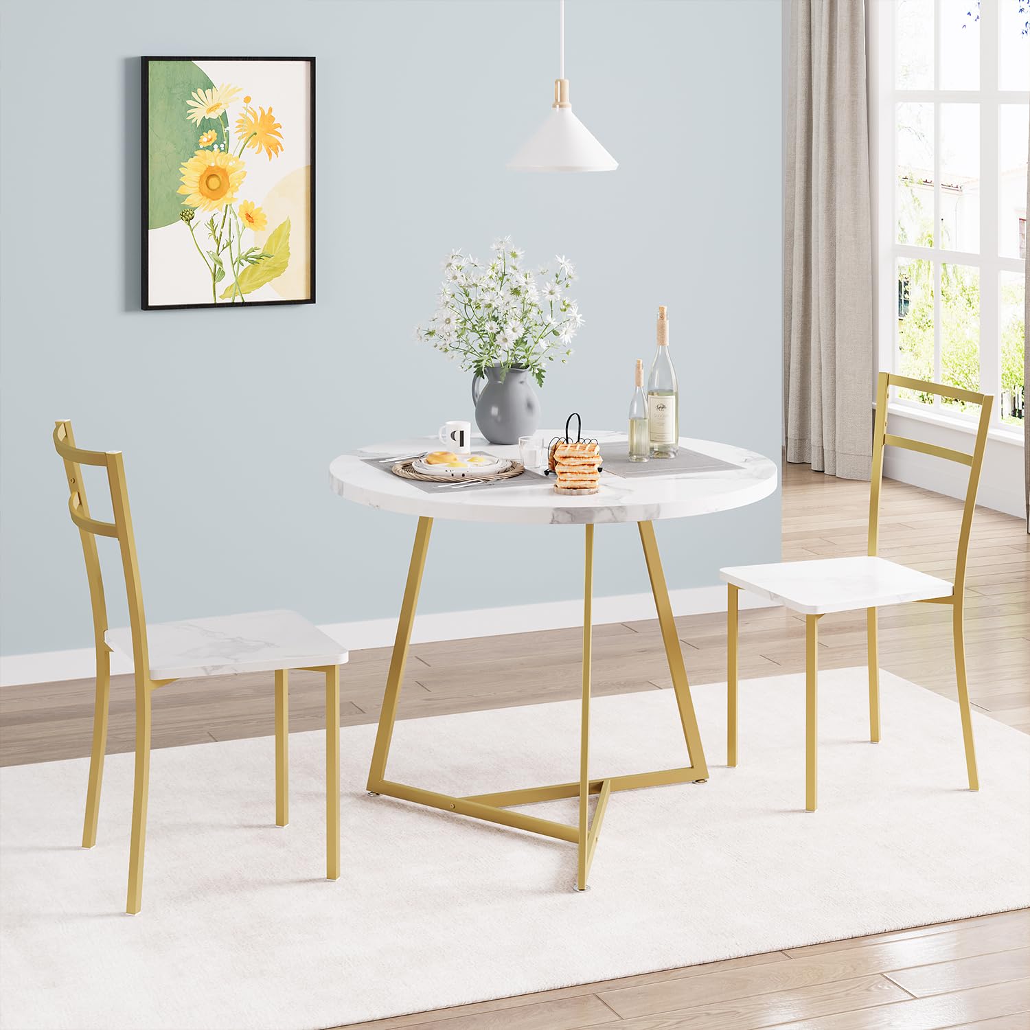 Set da pranzo Garvee per 2, tavolo da cucina rotondo moderno con sedie imbottite, marmo bianco e oro, MDF e acciaio, salvaspazio per stanze piccole
