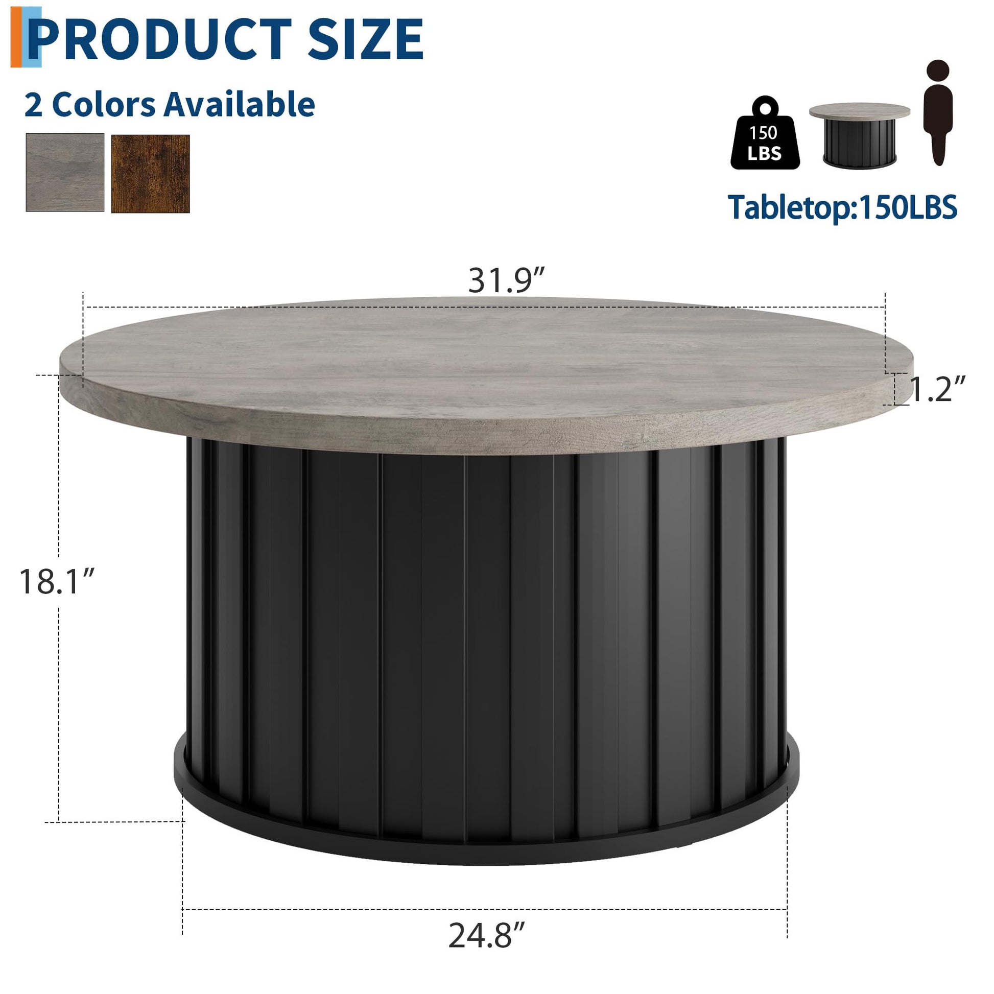 Tavolino da caffè rotondo Garvee, stile moderno di metà secolo, con struttura in metallo, piano scanalato da 31,9 pollici, in MDF nero, per soggiorno e appartamento