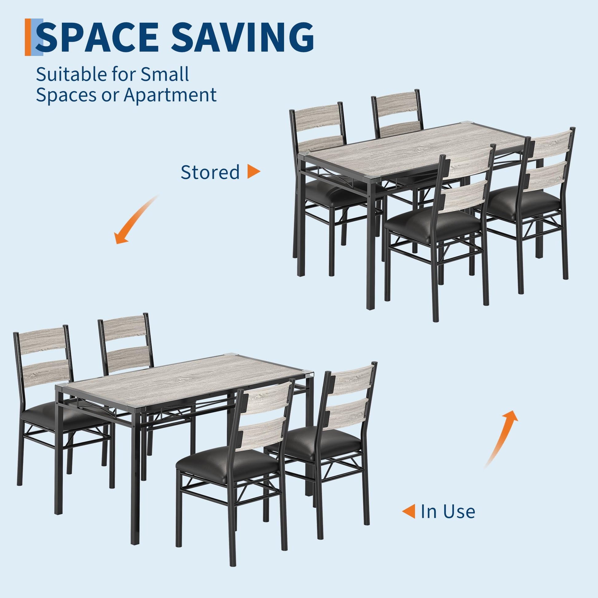 Set da pranzo Garvee per 4 persone con protezioni angolari, sedie in PU, struttura in acciaio, piano in legno, grigio, per cucina e appartamento, salvaspazio