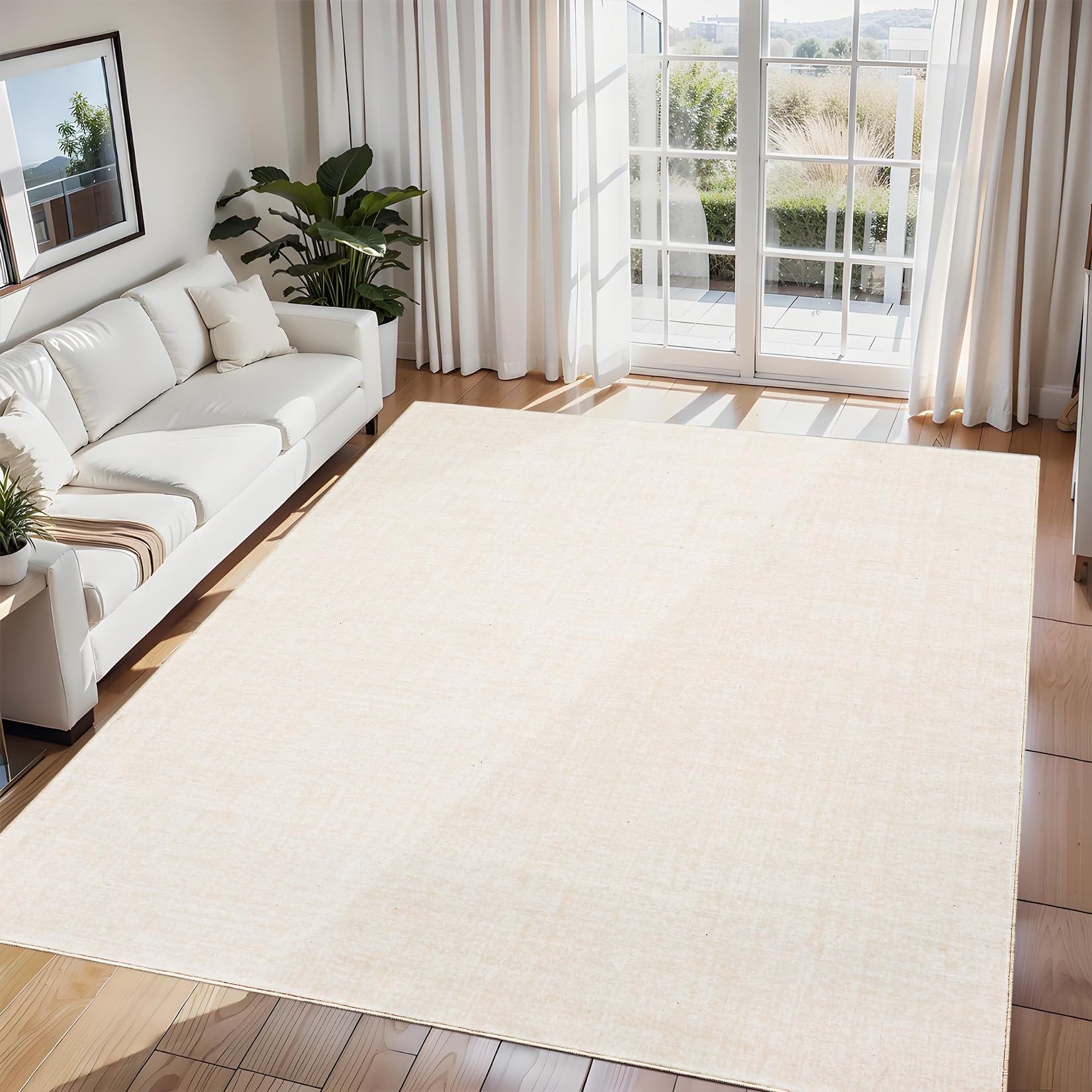 Tappeto Garvee lavabile 8x10 per soggiorno e sala da pranzo, moderno, antiscivolo, antimacchia, beige, pelo corto, poliestere