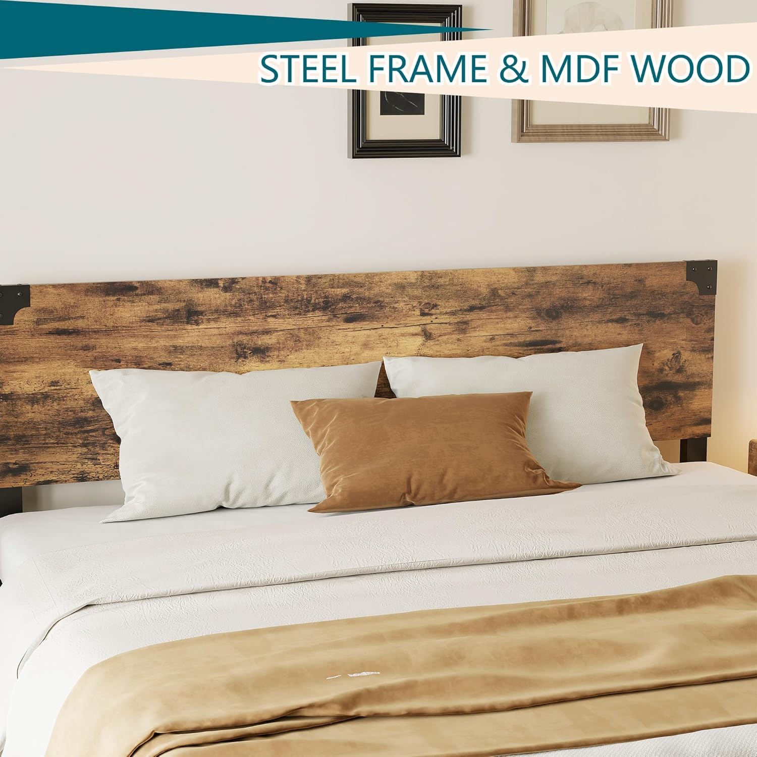 Struttura letto matrimoniale Garvee con testiera in legno, silenziosa, gambe in metallo, letto a piattaforma con contenitore, marrone rustico, camera da letto