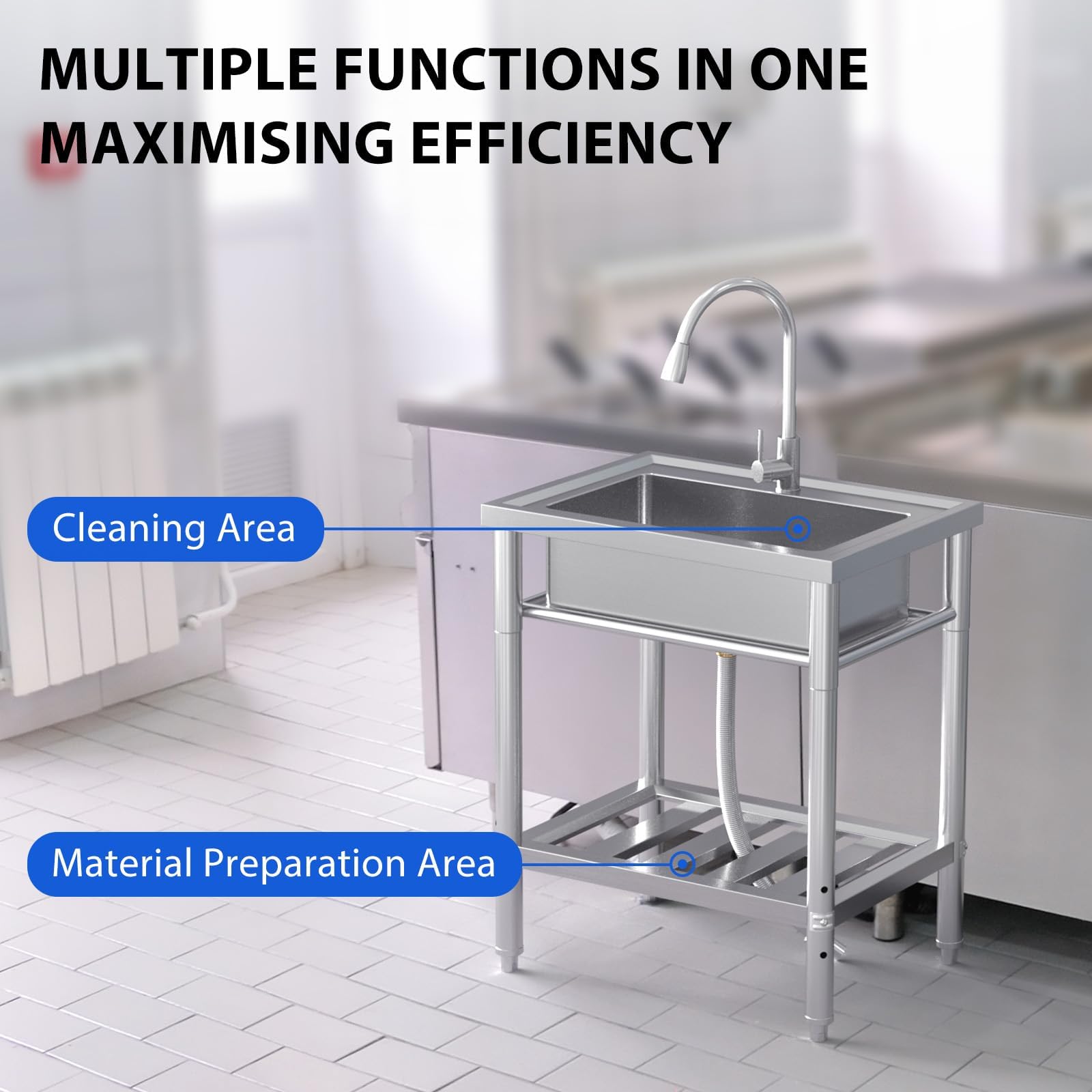 Lavello Garvee in acciaio inox a una vasca con rubinetto estraibile per cucina e garage 70 x 50 x 86 cm antiruggine