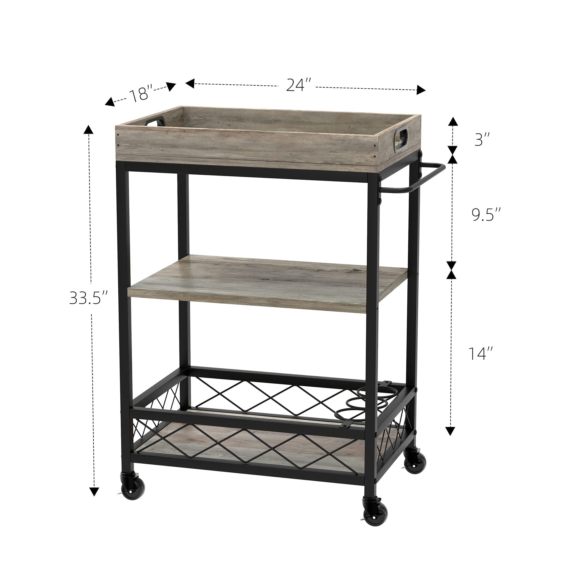 Carrello bar Garvee con 3 ripiani e portabottiglie, ruote con freni, vassoio rimovibile, metallo grigio, versatile per casa e feste