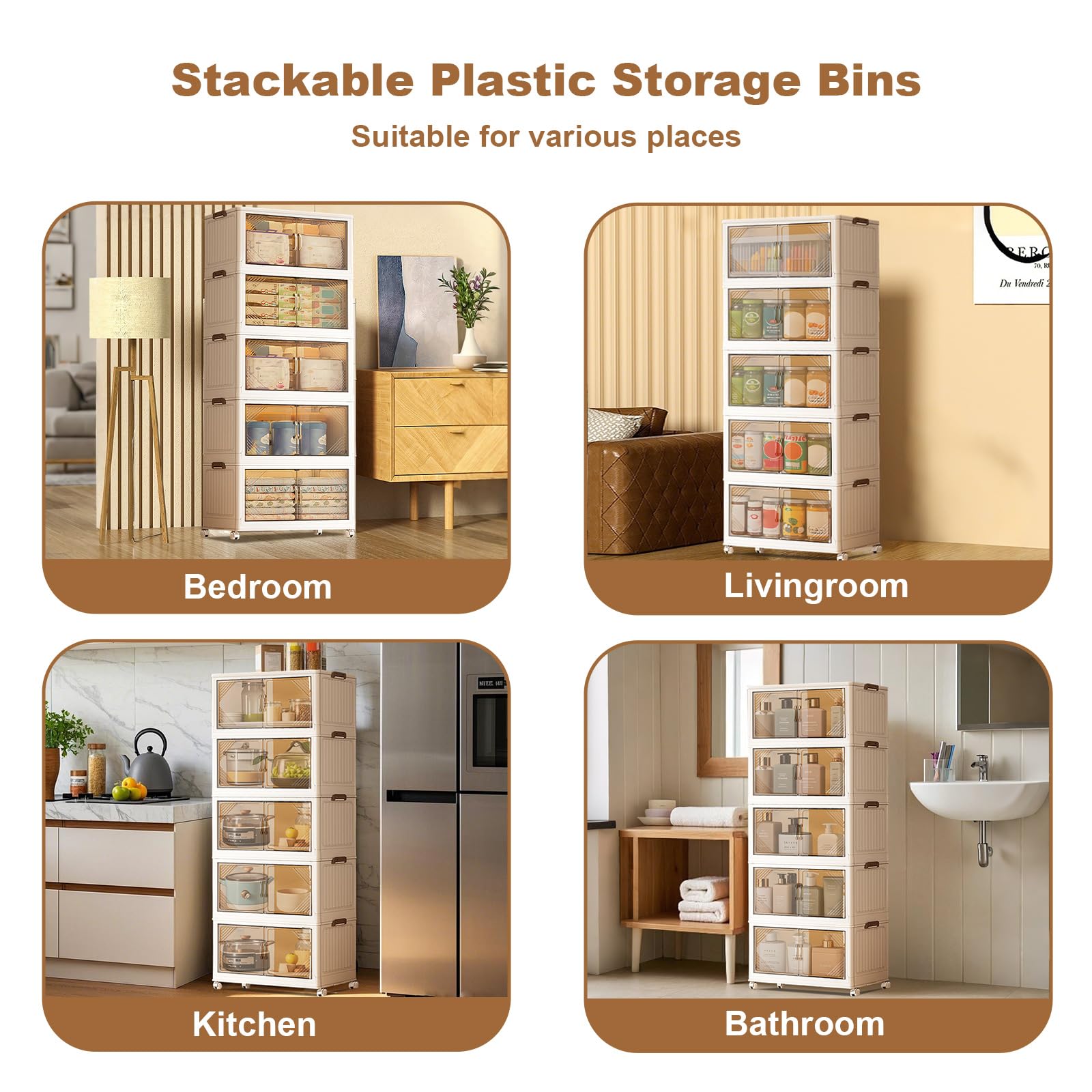 Garvee Scatole portaoggetti impilabili a 5 ripiani con ruote, pieghevoli, ante magnetiche per soggiorno e camera da letto, 45x27x116 cm, trasparenti