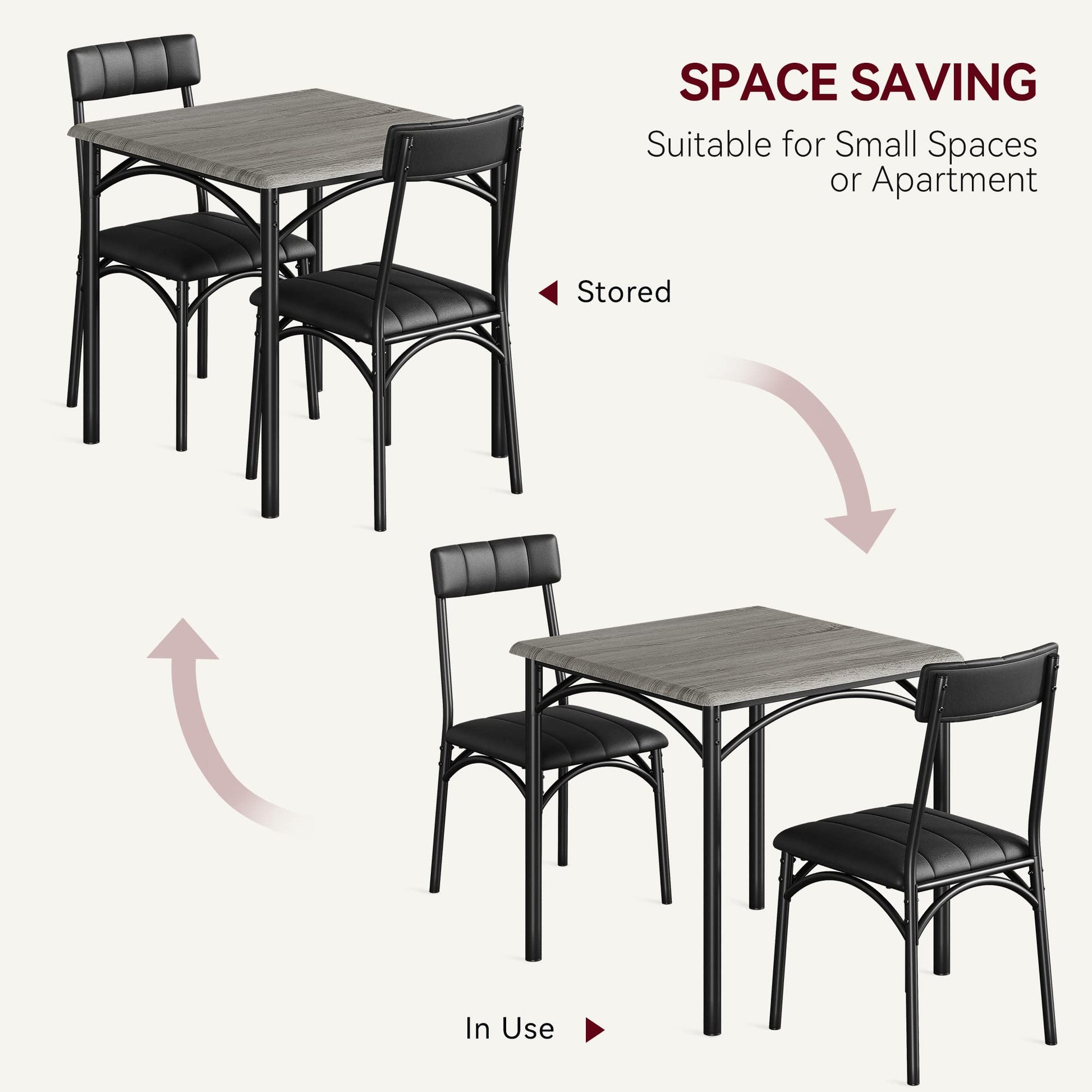 Set da pranzo Garvee per 2 persone con sedie imbottite, tavolo da cucina grigio rustico, MDF e acciaio, salvaspazio, per stanze e appartamenti di piccole dimensioni