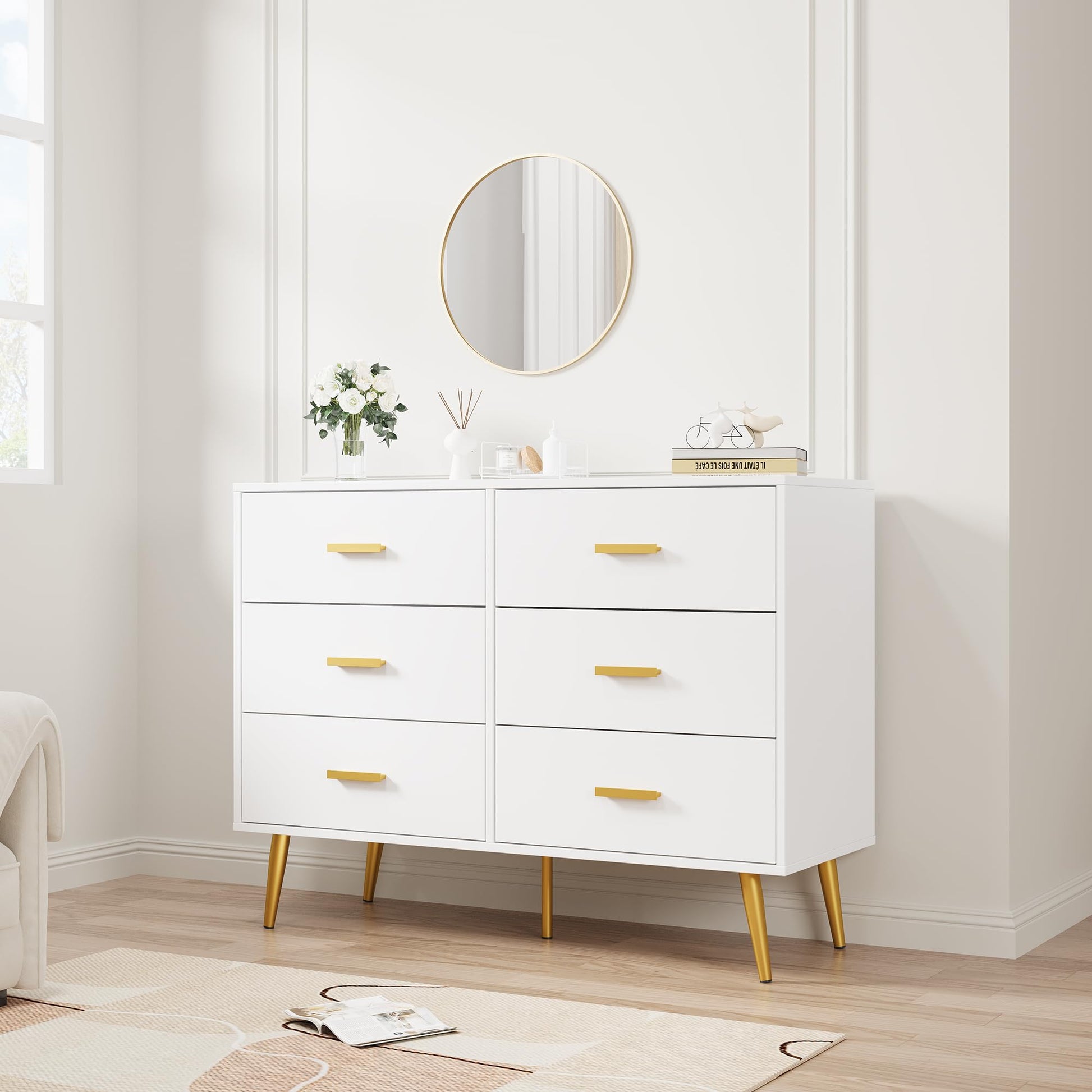 Cassettiera moderna Garvee bianca a 6 cassetti con maniglie dorate per camera da letto e soggiorno, robusta, spaziosa, elegante