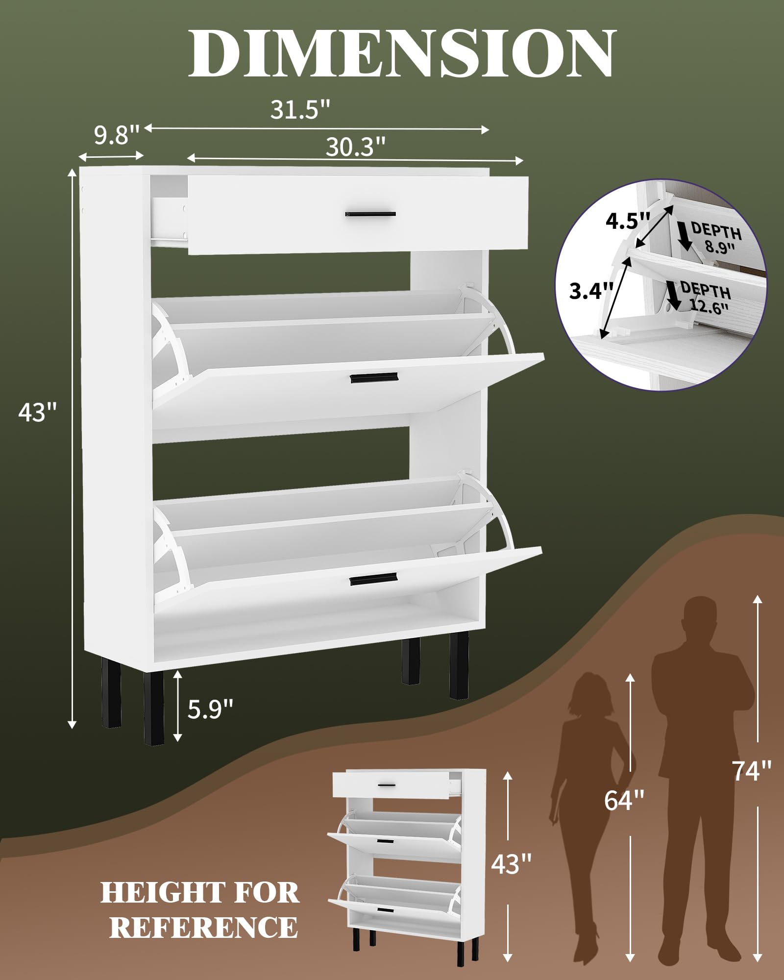 Scarpiera stretta Garvee con 3 cassetti e ripiani regolabili per corridoio e soggiorno, in legno MDF, antiribaltamento, moderna, colore naturale
