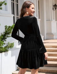 Garvee - Elegante abito in velluto da donna, mini abito invernale con volant, scollo rotondo e maniche lunghe, nero, L