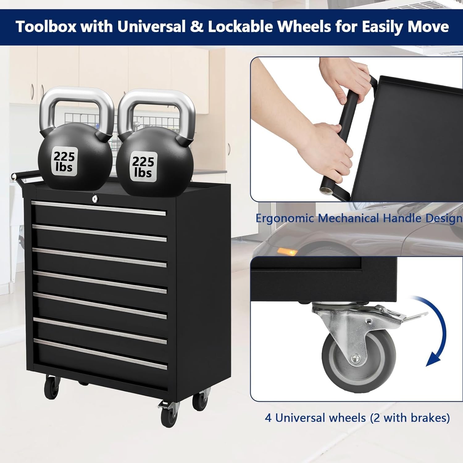 Carrello portautensili Garvee con 5 cassetti, in metallo, con ruote e serratura, per officina e garage, portatile, nero