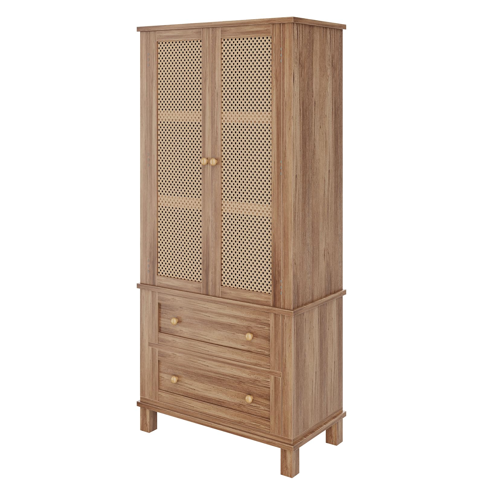 Mobiletto da cucina Garvee con 2 ante in rattan, 2 ripiani regolabili, mobiletto in noce alto 64" per soggiorno e sala da pranzo, stile fattoria