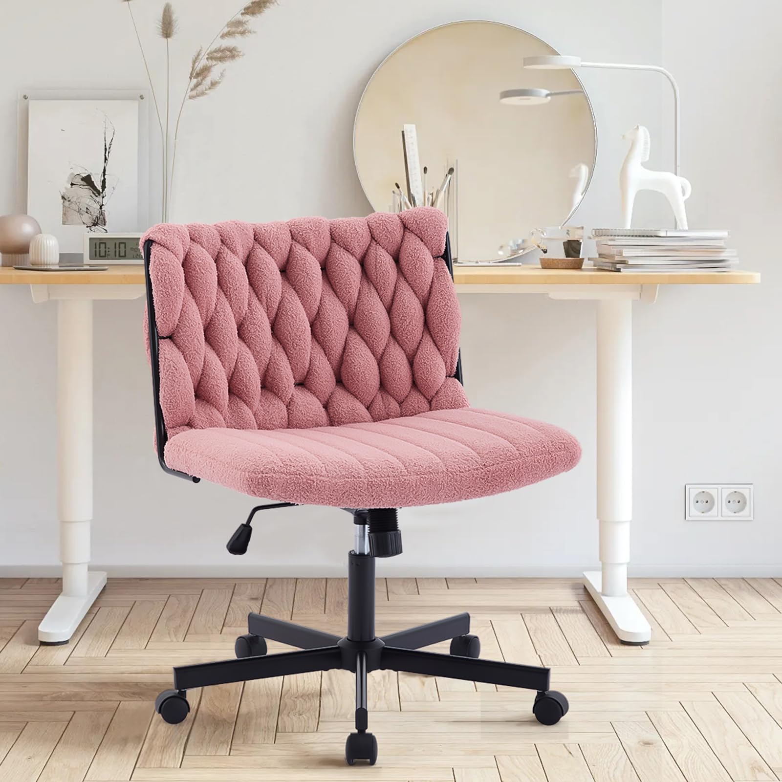 Sedia da ufficio Garvee Criss Cross con rotelle, seduta ampia, senza braccioli, girevole, struttura in metallo, rosa per ufficio domestico e toeletta, 26 pollici, comoda
