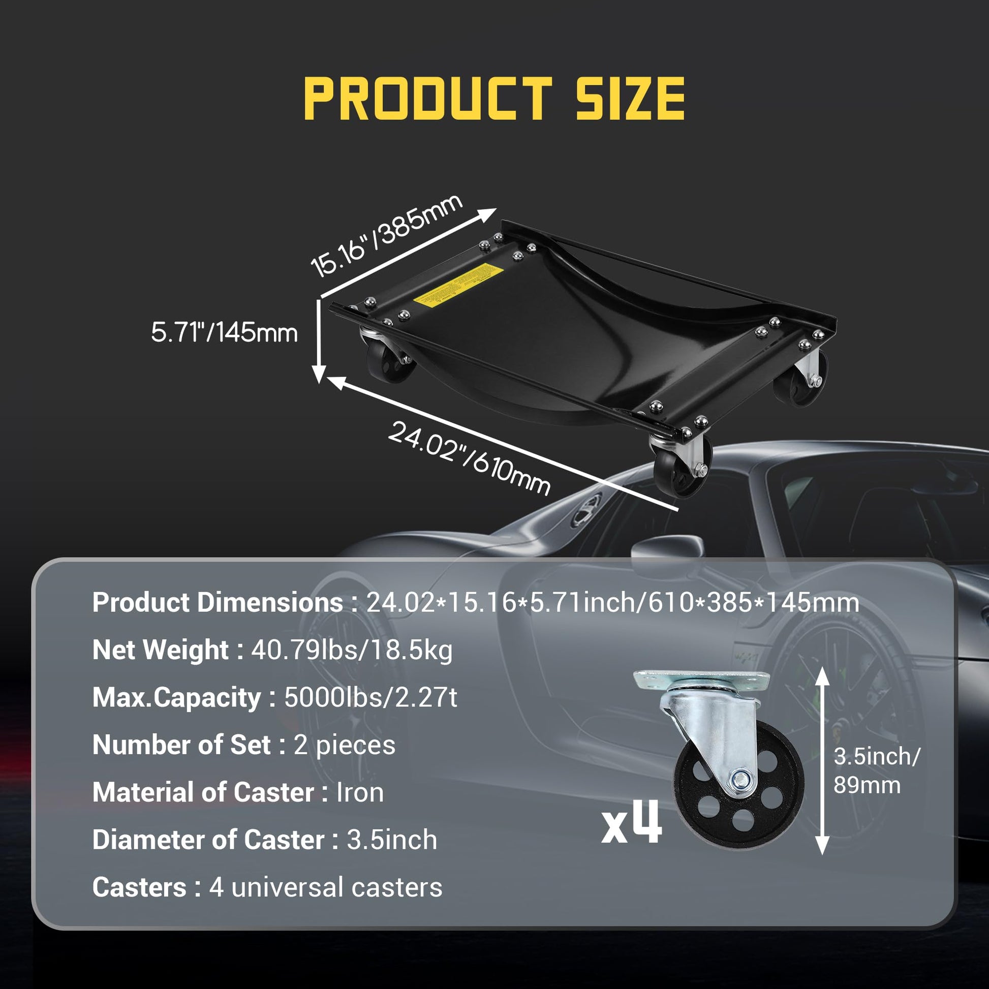 Set di 2 carrelli per ruote auto Garvee con rulli in acciaio da 3,5 pollici per officina e garage, capacità di carico 5000 libbre, stabile, design migliorato