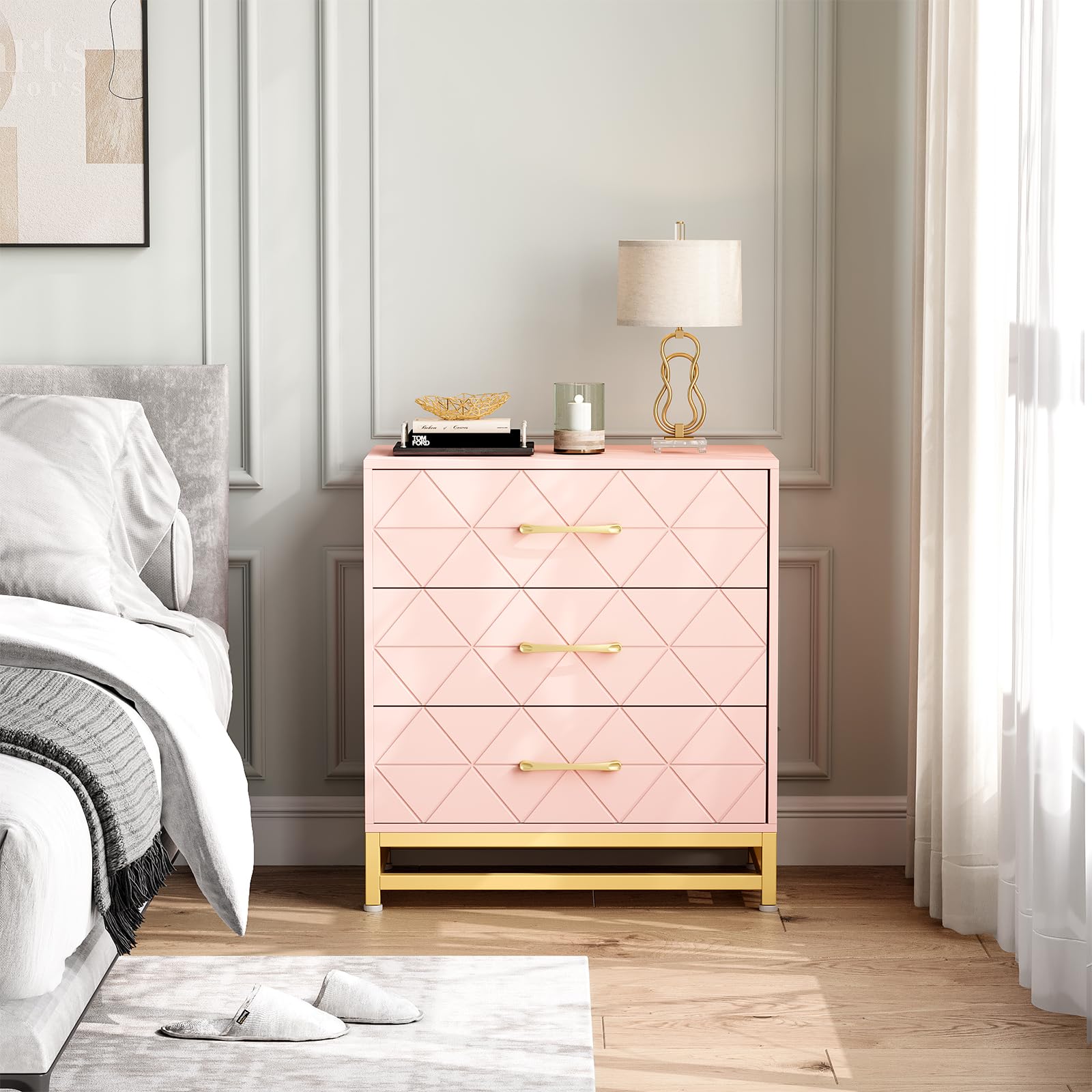 Cassettiera in legno Garvee con 3 cassetti, spazio di archiviazione, MDF rosa, antipolvere, soggiorno, camera da letto, corridoio, compatta
