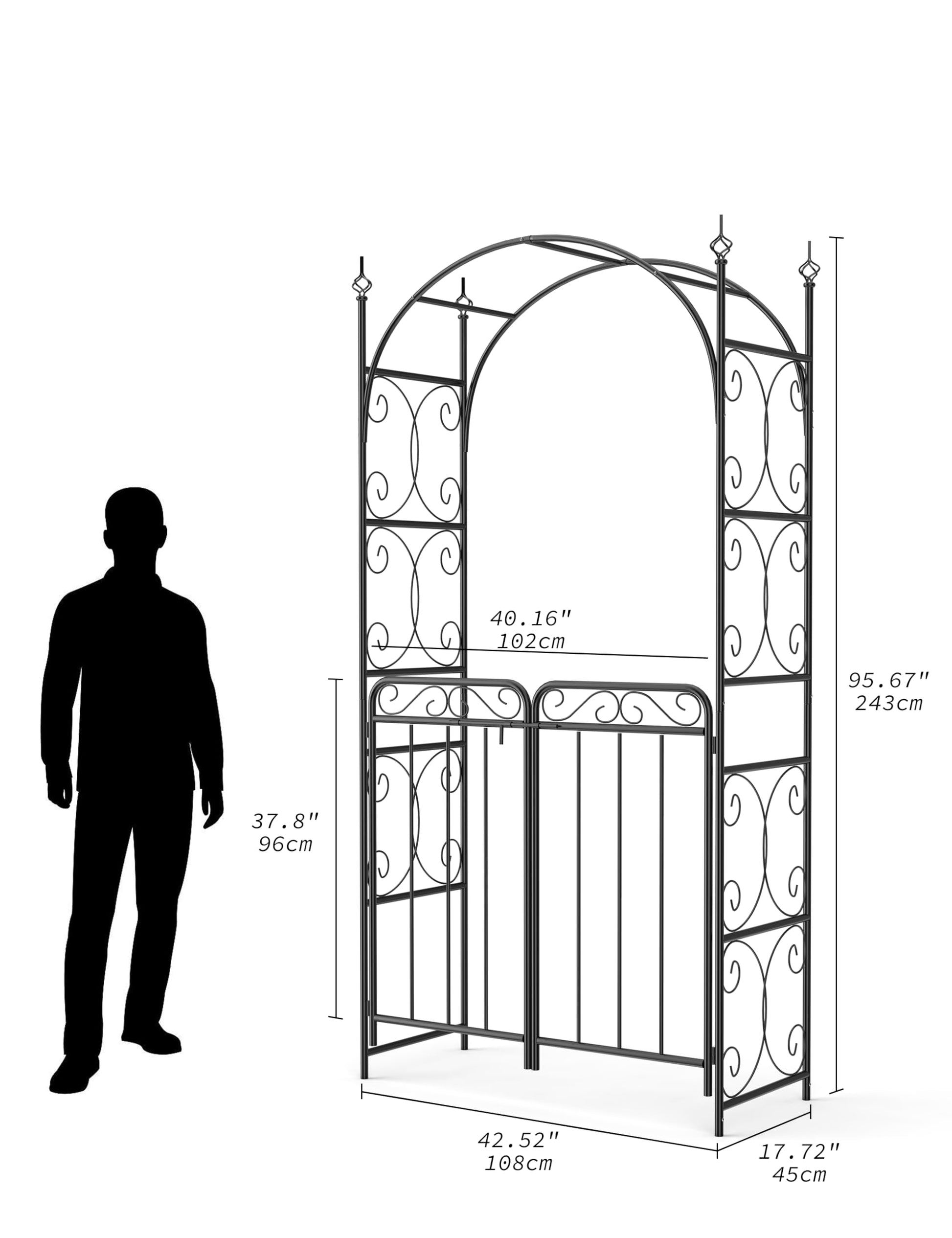 Arco da giardino Garvee da 8 piedi con cancello, metallo pesante, resistente alle intemperie, nero, per matrimoni e giardino, struttura a traliccio