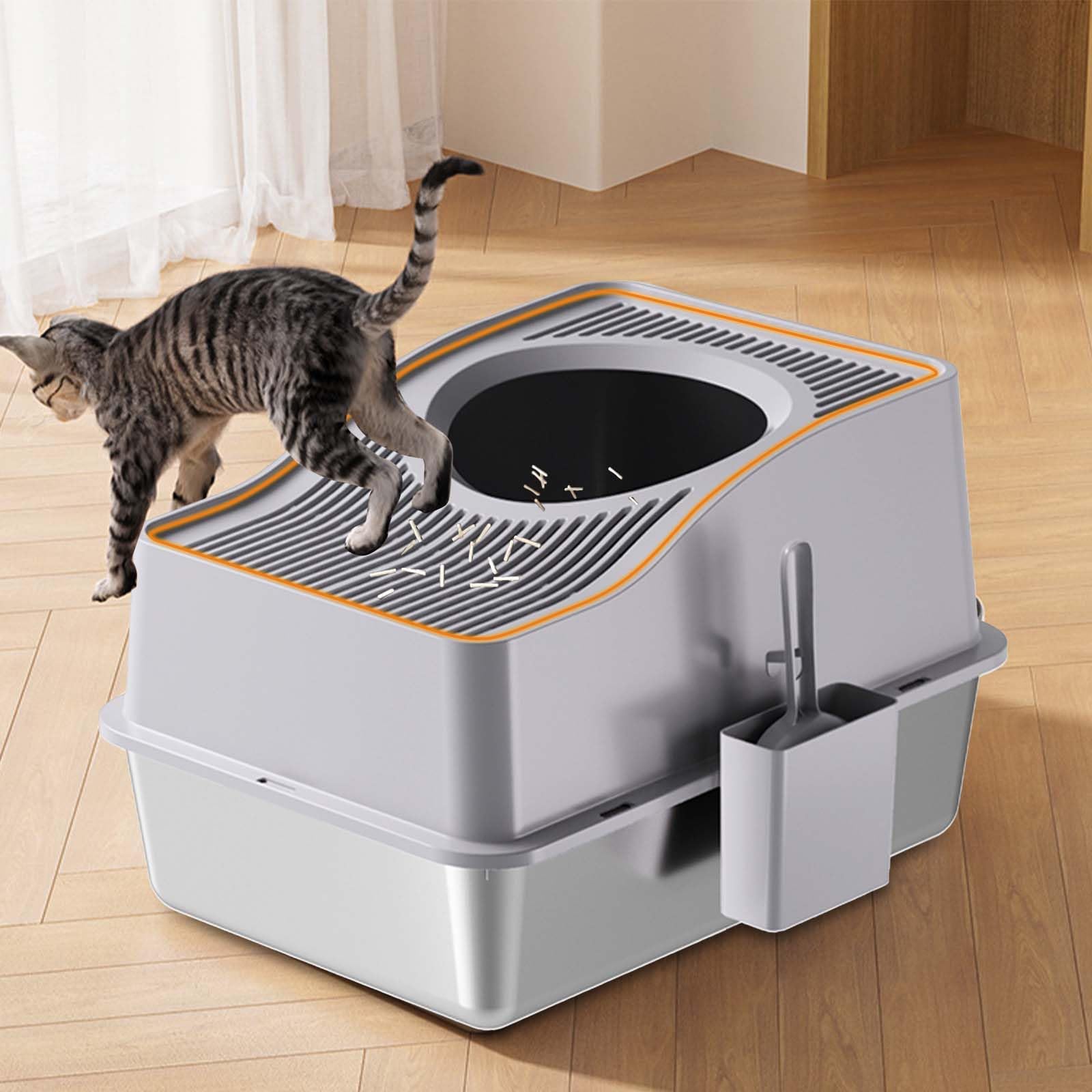 Lettiera per gatti Garvee in acciaio inox extra large con controllo degli odori, antigraffio, rimovibile, antiscivolo, per uso domestico, grigia, design con ingresso dall'alto