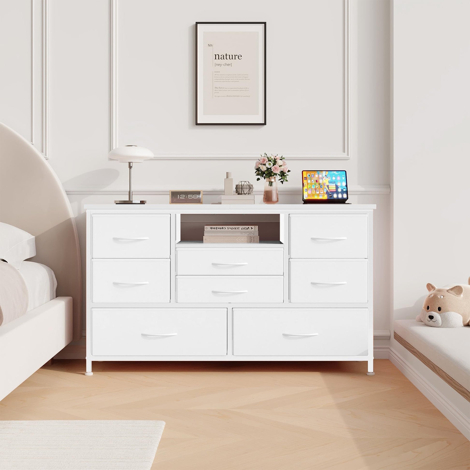 Mobile TV Garvee a 8 cassetti con illuminazione a LED e presa di corrente per soggiorno e camera da letto, bianco, ampio spazio di archiviazione