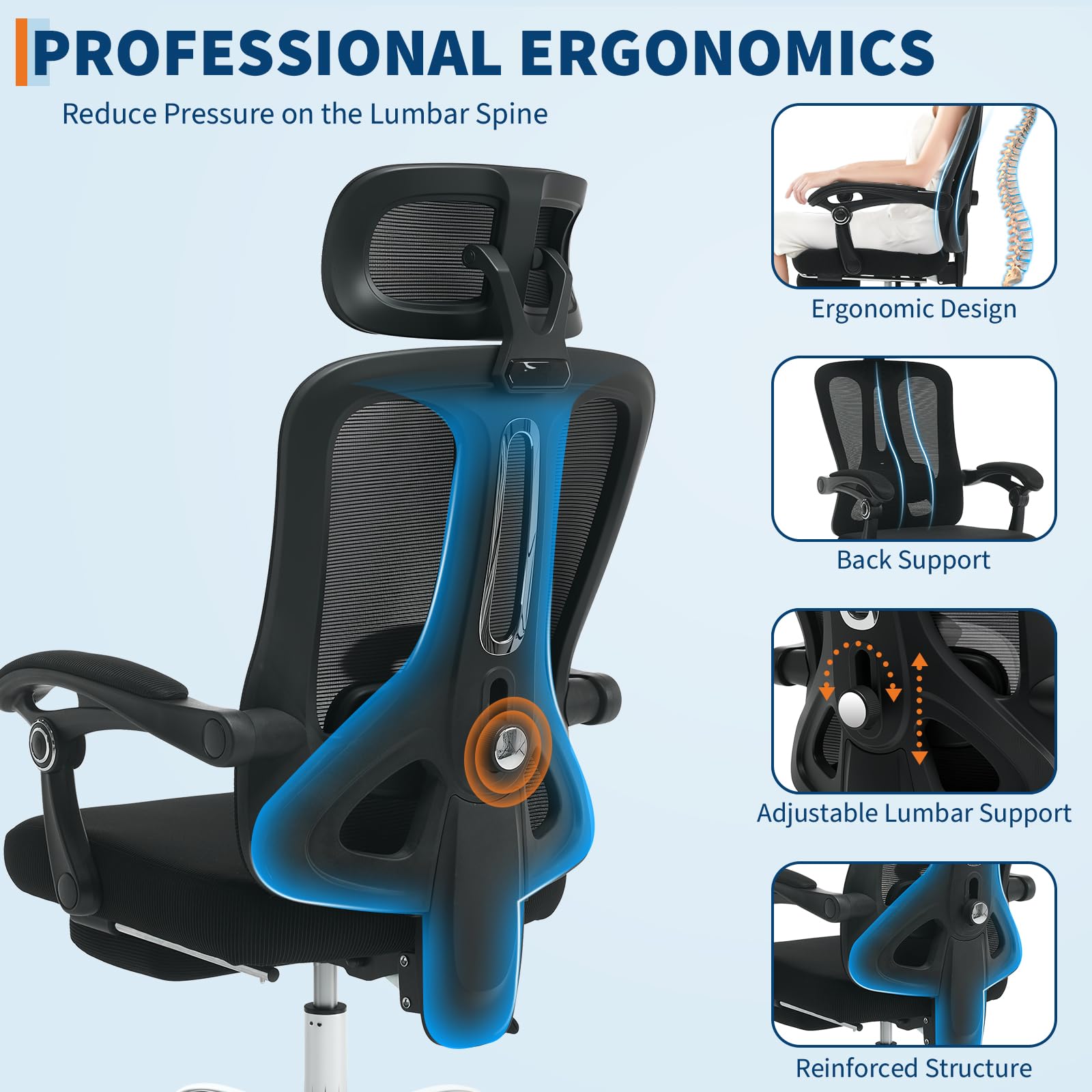 Sedia da ufficio ergonomica Garvee in rete con schienale alto, poggiatesta regolabile, poggiapiedi per ufficio e camera da letto, altezza regolabile, traspirante, rotelle, nera