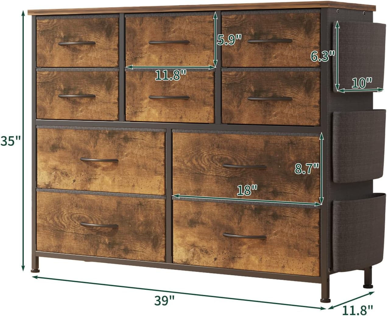 Cassettiera Garvee con 10 cassetti, tessuto, legno, piano del tavolo, guide in metallo, per camera da letto e soggiorno, salvaspazio