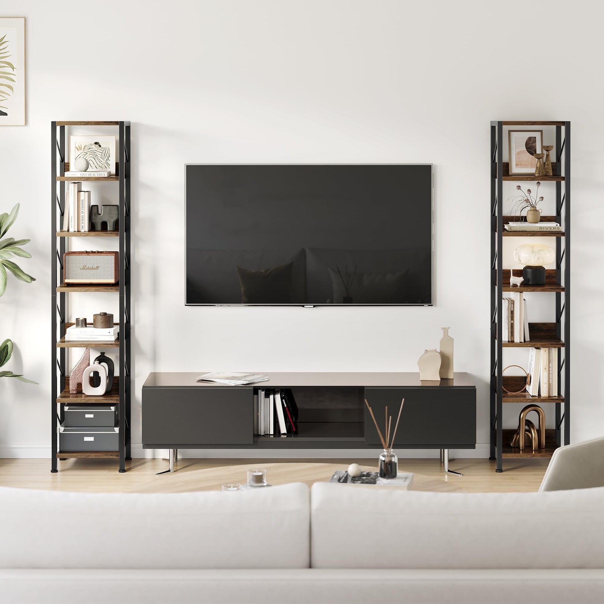 Libreria stretta Garvee a 6 ripiani con 6 ripiani per camera da letto e ufficio, 66"x12"x12", MDF robusto e metallo, design industriale, salvaspazio