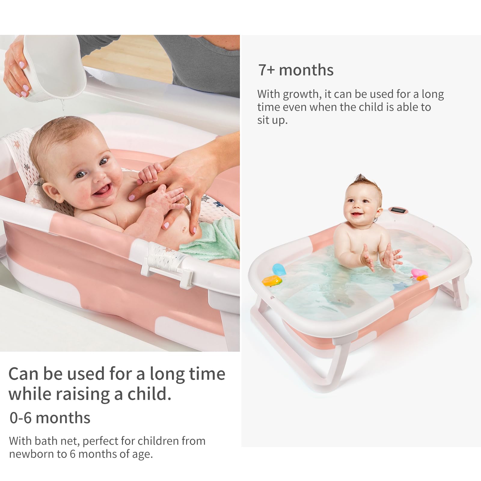 GARVEE Vasca da bagno per neonati, pieghevole, salvaspazio, con termometro e tappetino antiscivolo per neonati e bambini piccoli, rosa