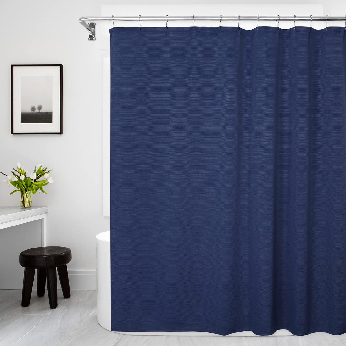 Tenda da doccia GARVEE con strisce testurizzate, lavabile, resistente alla muffa, effetto lino, blu navy, 183x213 cm, qualità alberghiera, bagno