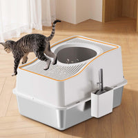 Lettiera per gatti Garvee in acciaio inox con coperchio, contenitore per lettiera chiuso per gatti fino a 15 kg, per uso domestico, silenziosa, con paletta