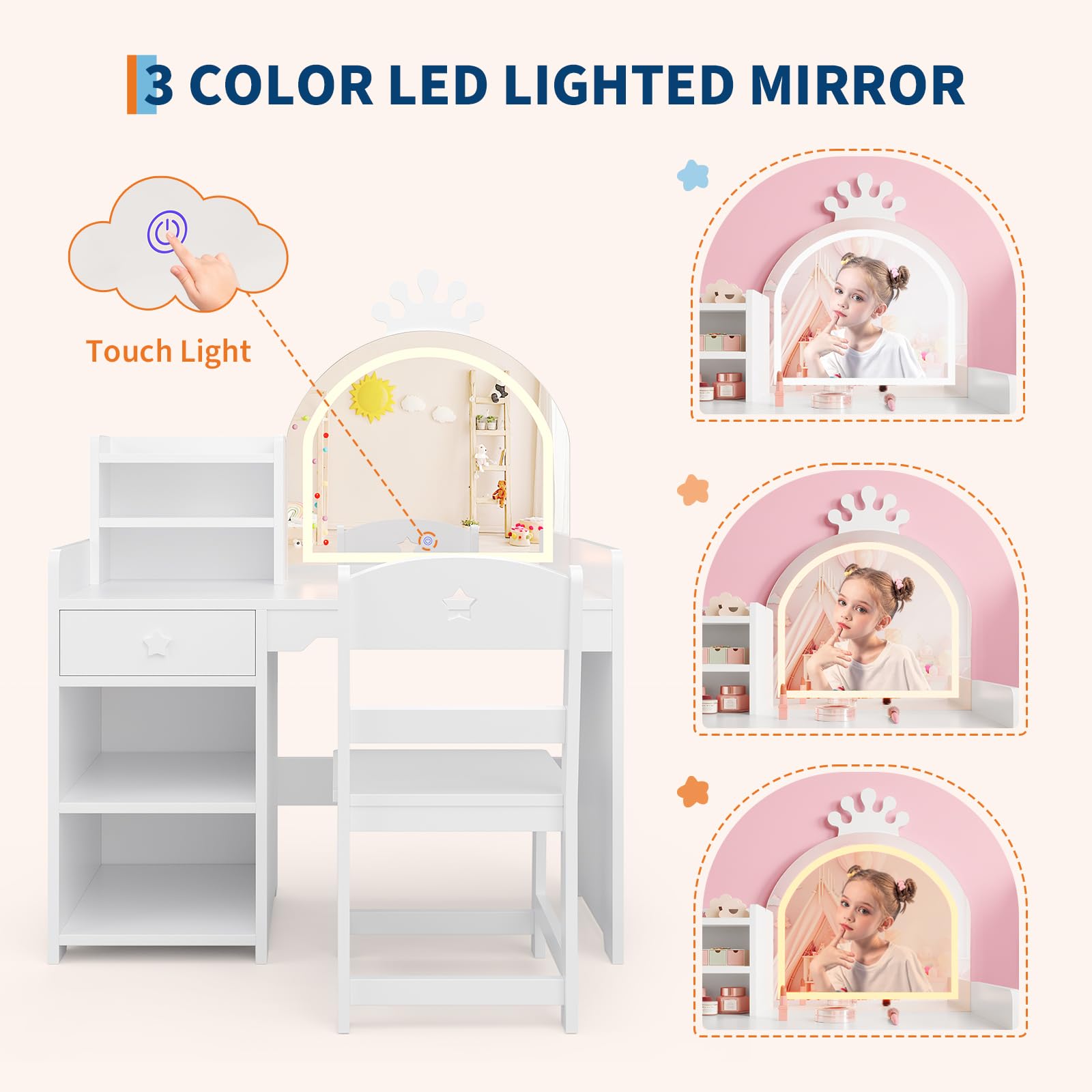 Tavolo da toeletta per bambini Garvee con specchio illuminato, set da toeletta 2 in 1 da principessa, in legno, con contenitore e mensola, cassaforte, per la cameretta delle bambine, bianco