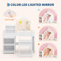 Tavolo da toeletta per bambini Garvee con specchio illuminato, set da toeletta 2 in 1 da principessa, in legno, con contenitore e mensola, cassaforte, per la cameretta delle bambine, bianco