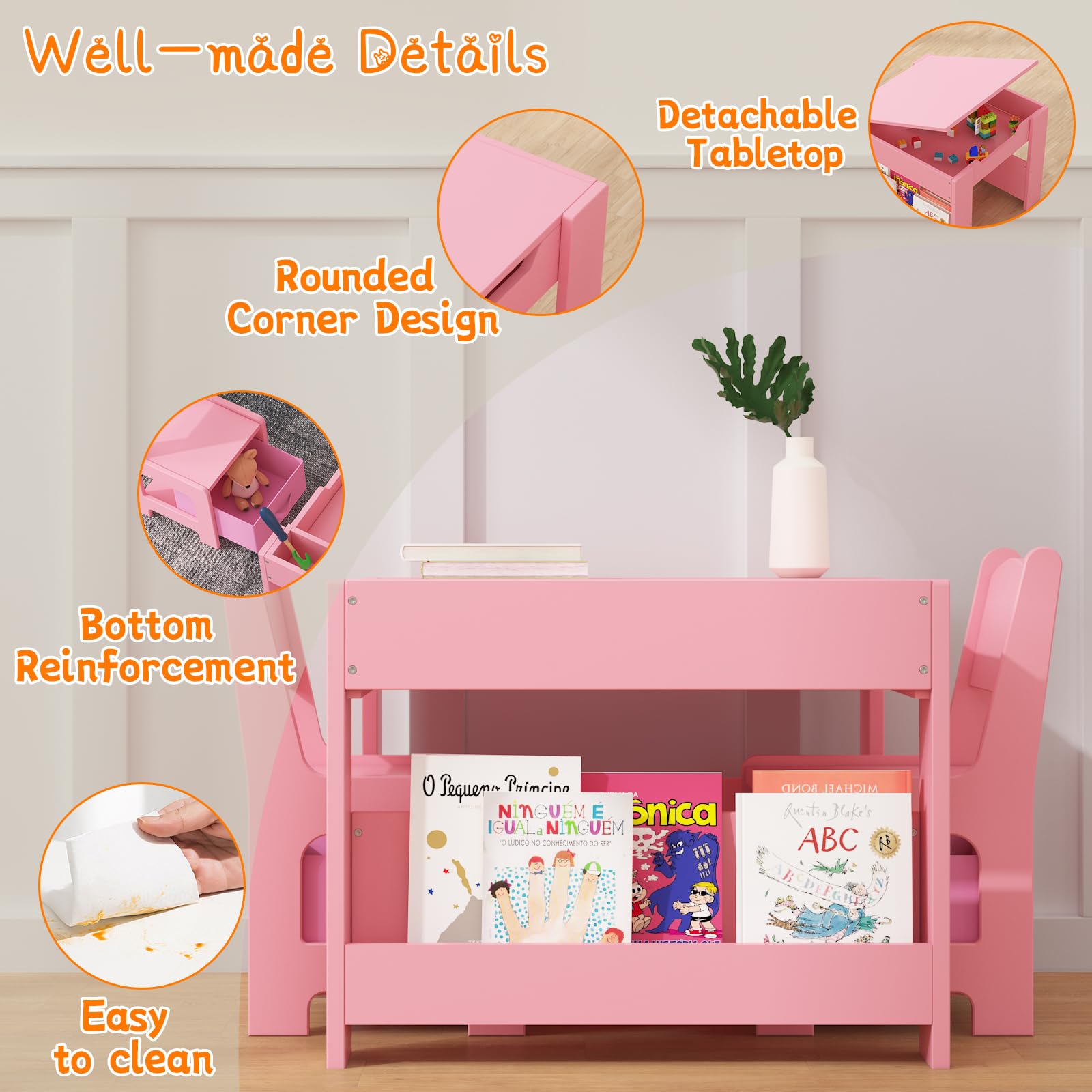 Set tavolo e sedie per bambini Garvee, tavolo da attività 4 in 1 con contenitore, in legno, superficie di scrittura bifacciale, per sala giochi e asilo