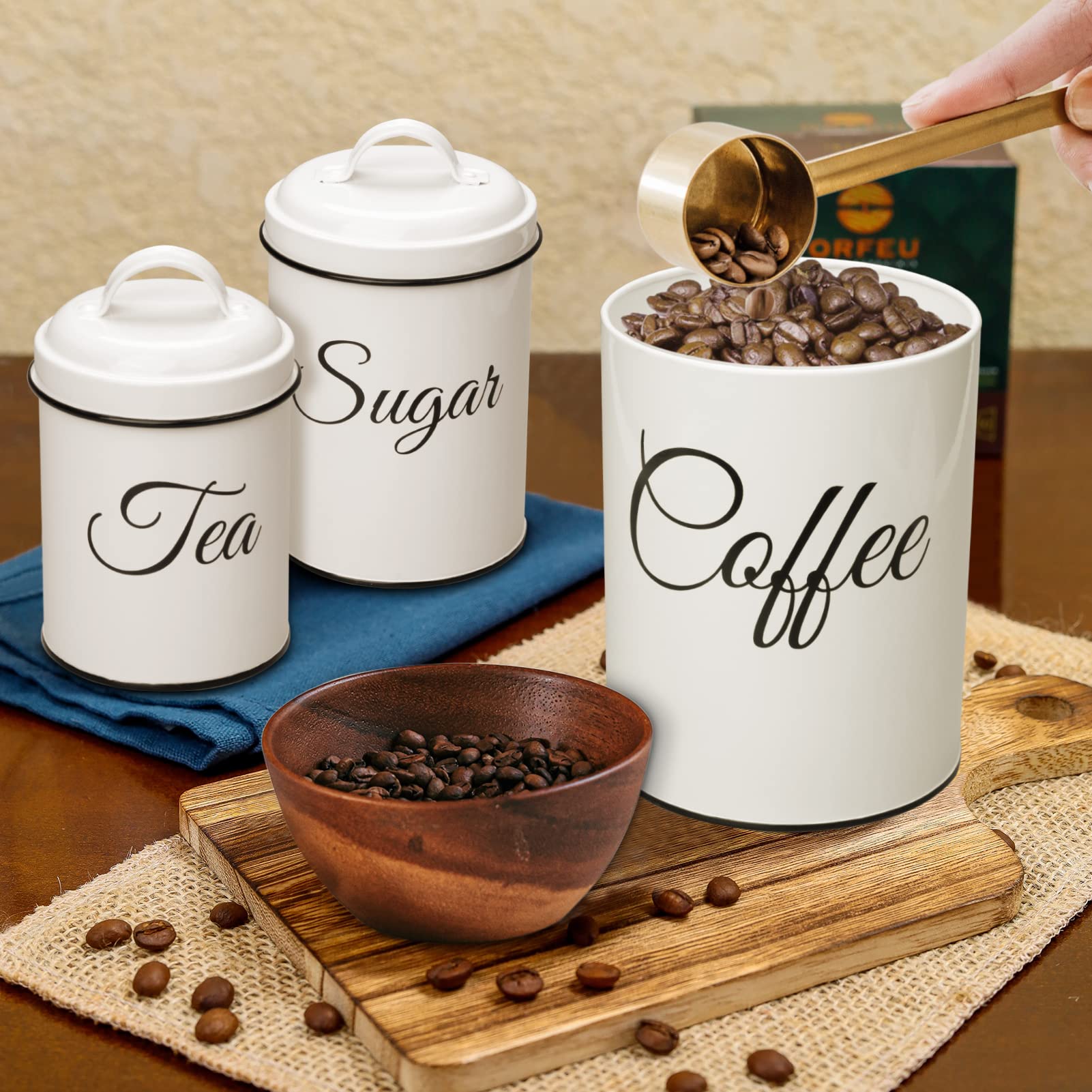 Contenitori per la conservazione Garvee con coperchio, set da 3, contenitori in metallo per caffè, tè e zucchero, bianchi, 1,5 l, ermetici, impilabili