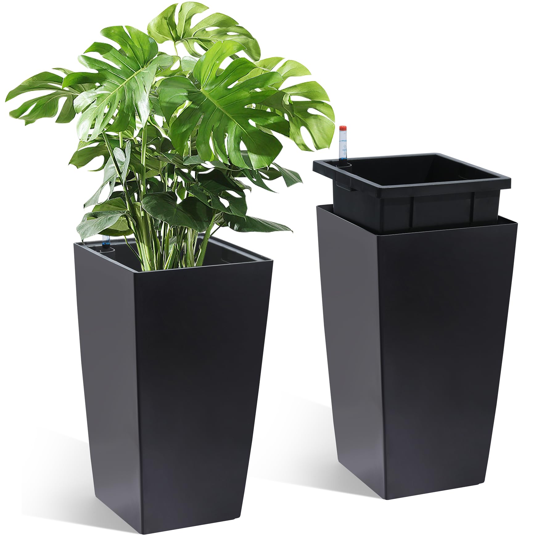 Garvee Set di 2 fioriere alte 16" con irrigazione automatica e indicatore del livello dell'acqua per giardino e patio, nere, resistenti alle intemperie, in plastica