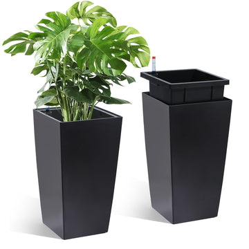 Garvee Set di 2 fioriere alte 16" con irrigazione automatica e indicatore del livello dell'acqua per giardino e patio, nere, resistenti alle intemperie, in plastica