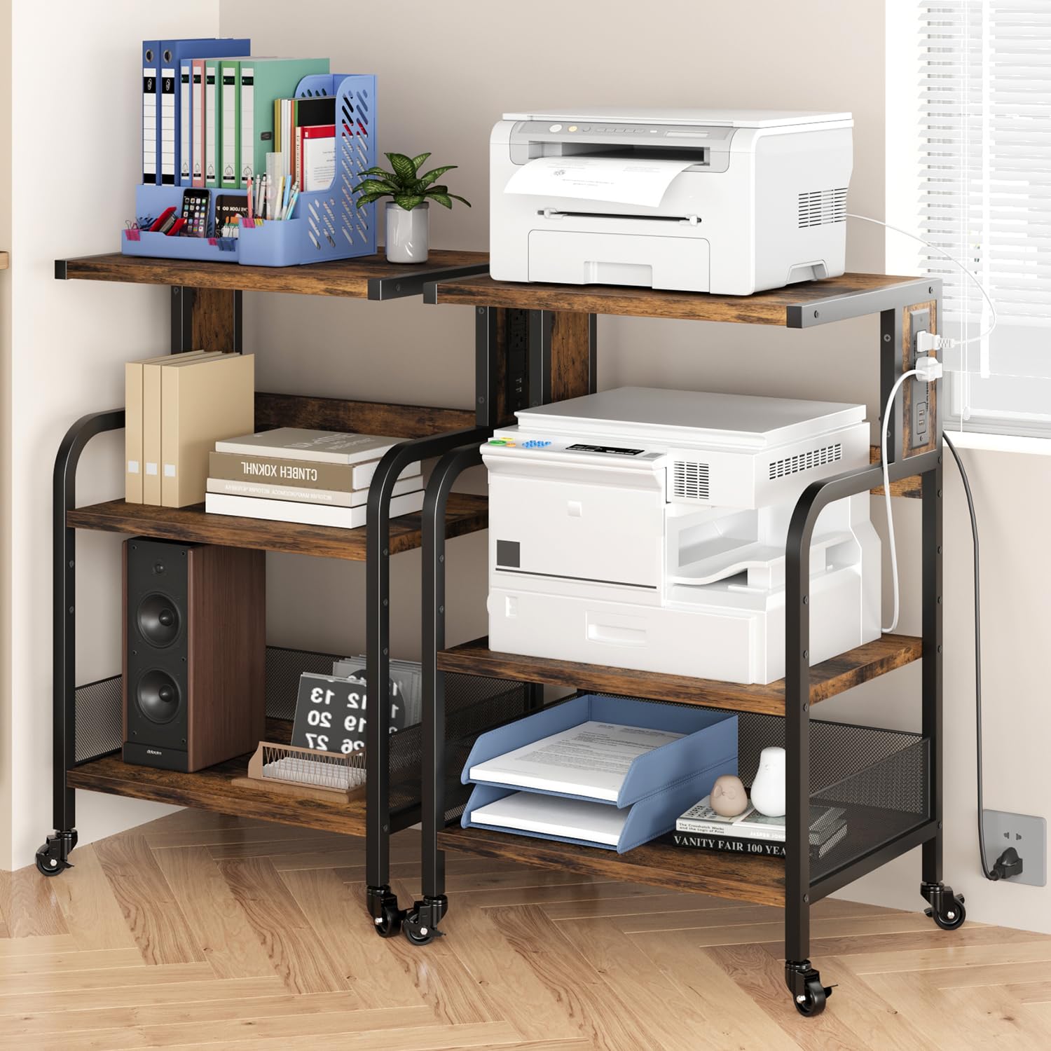 Supporto per stampante mobile Garvee di grandi dimensioni con prese di corrente e USB per ufficio e casa, struttura in metallo, MDF, legno, nero, 20,46"x15,76"x31,46"