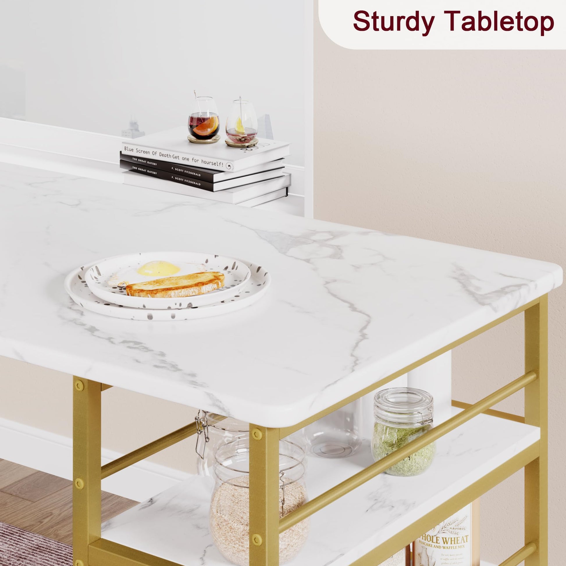 Set da pranzo Garvee per 2 persone con seduta in velluto, 3 ripiani, MDF e acciaio, tavolo in marmo impermeabile, grigio-oro, salvaspazio per punch piccole