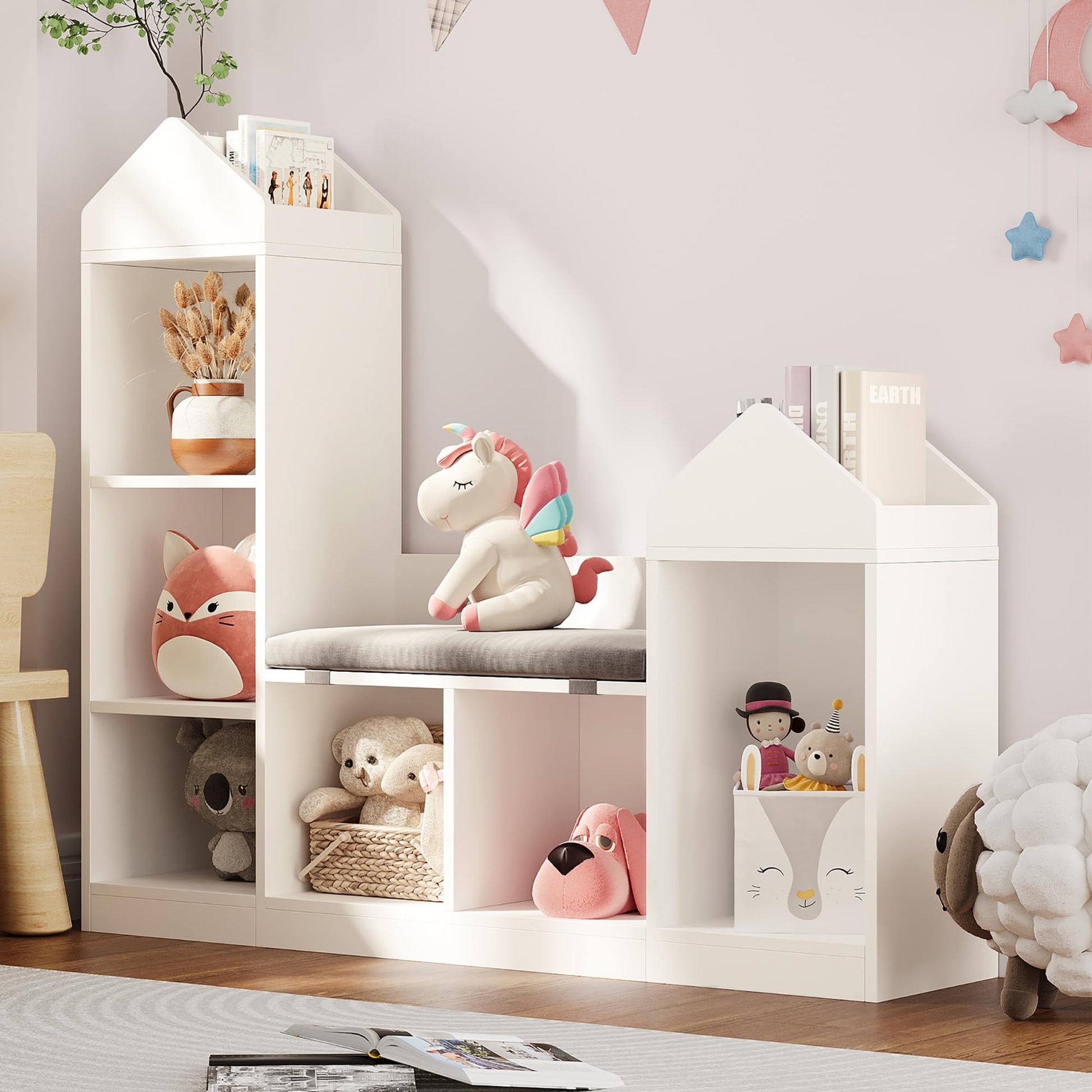 Libreria per bambini Garvee con angolo lettura, 6 ripiani, in legno, design moderno del tetto, per camerette e aule, 42,32x47,75x11,8 pollici